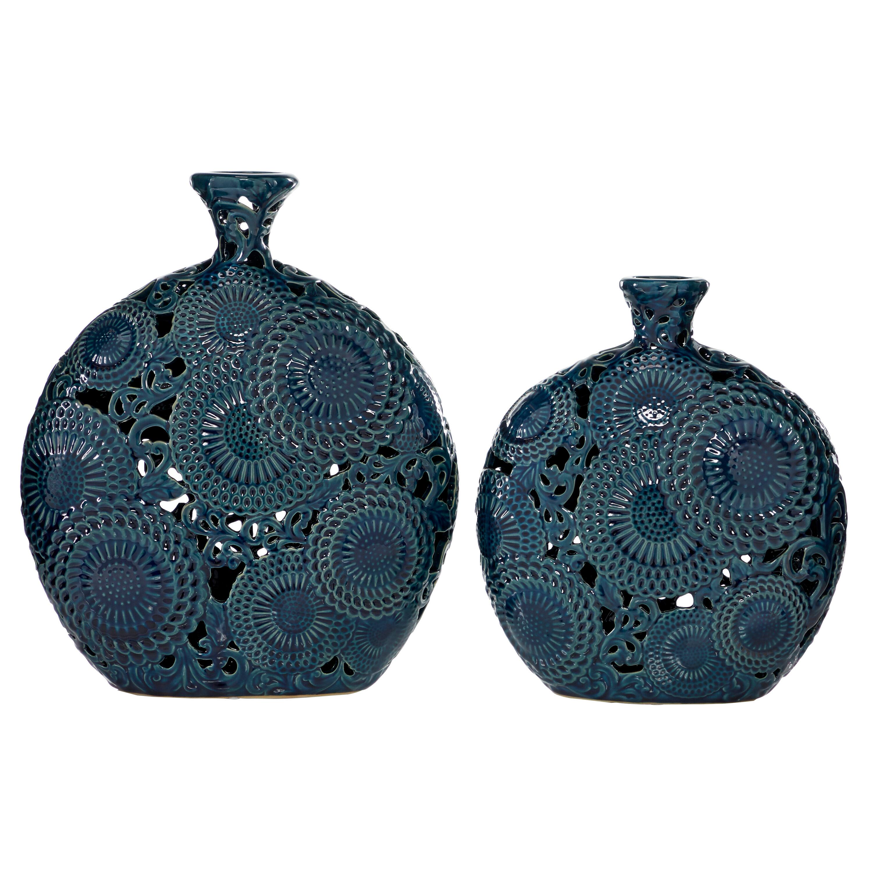 DecMode 16", 13"H Floral Blue Ceramic Vase with Cut Out Patterns, Set of 2