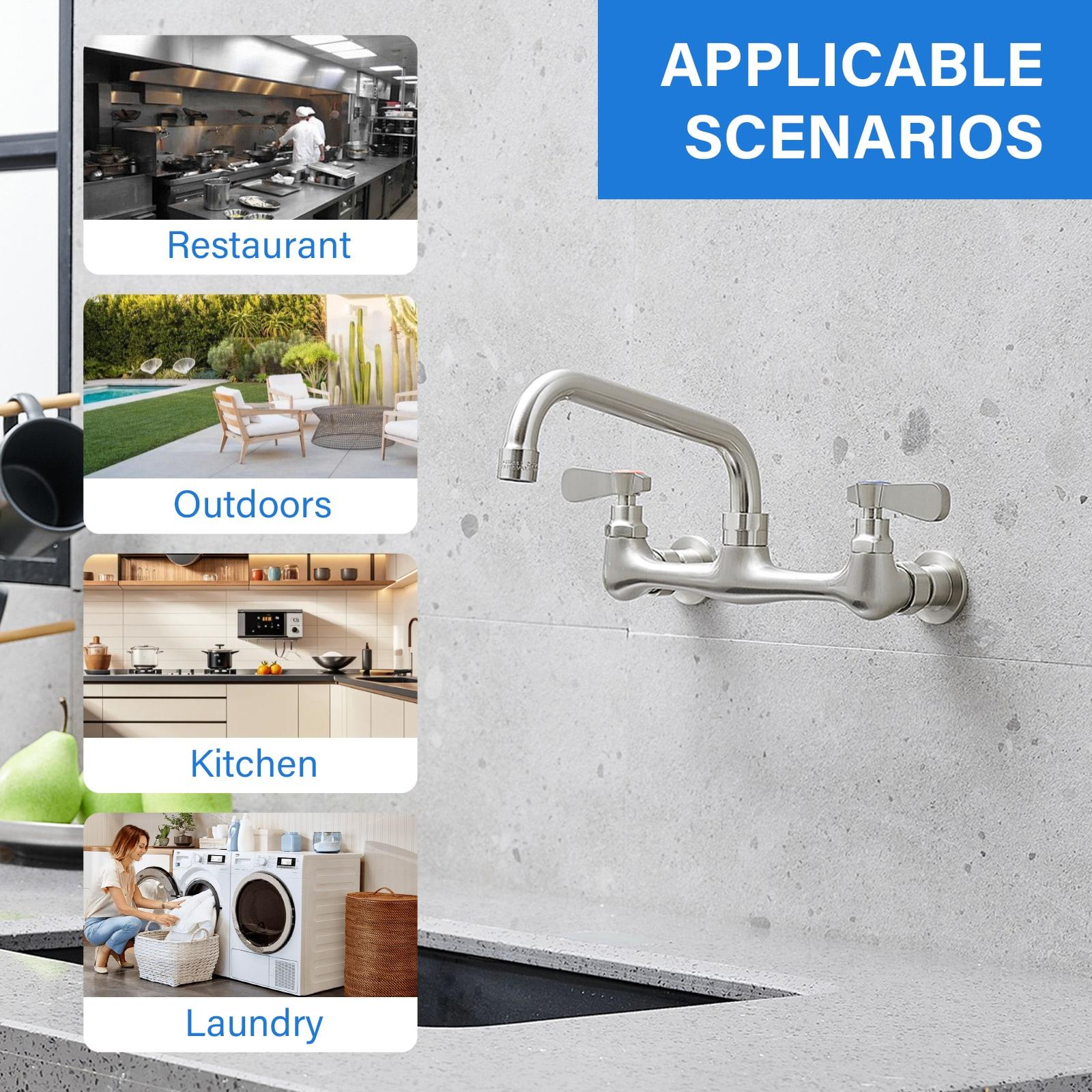 BWE Double Handles Wall Mount Modern Standard Kitchen Faucet With 8 Inch Swivel Spout 8" Center
