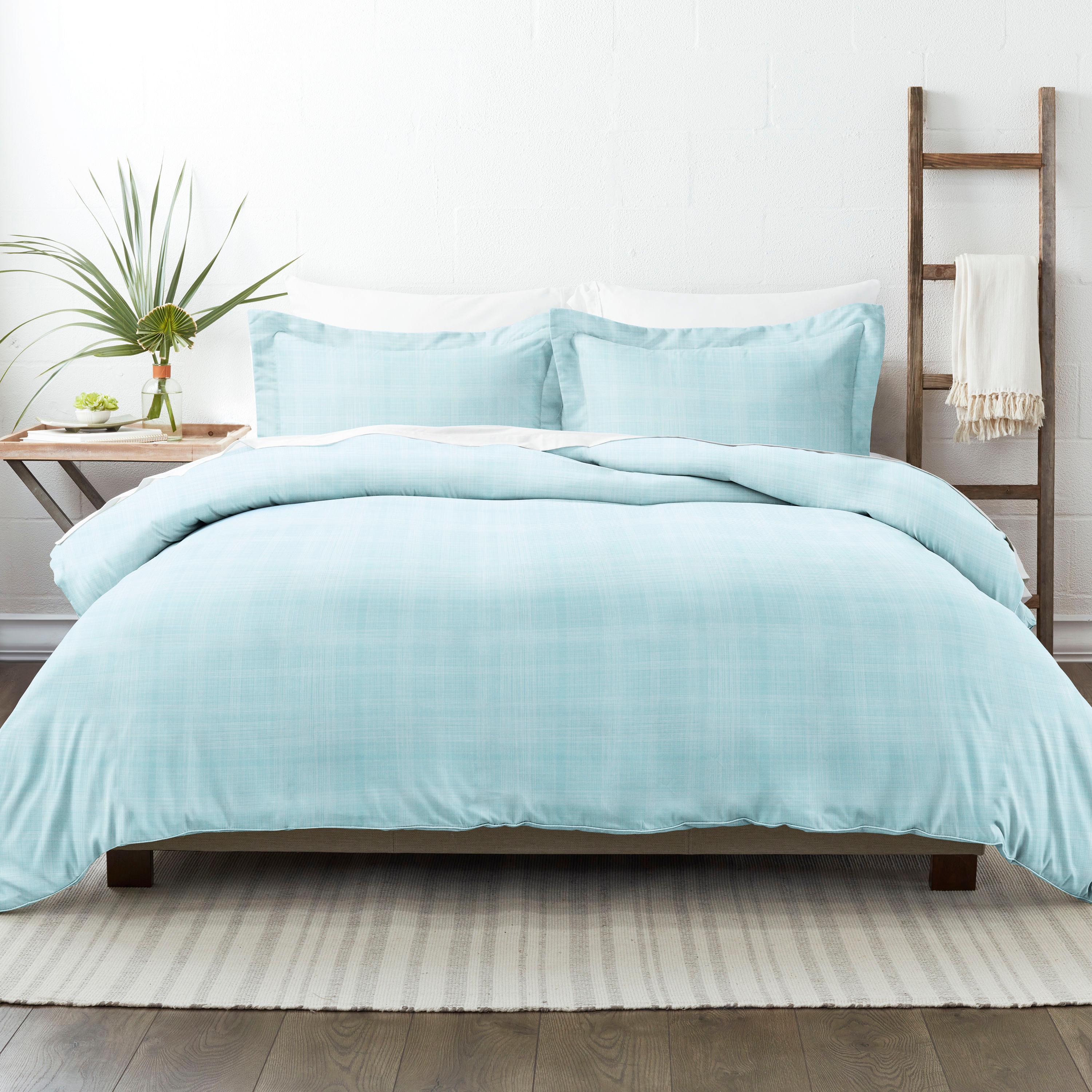 Aqua Plaid Microfiber Full/Queen Duvet Cover Set with Shams