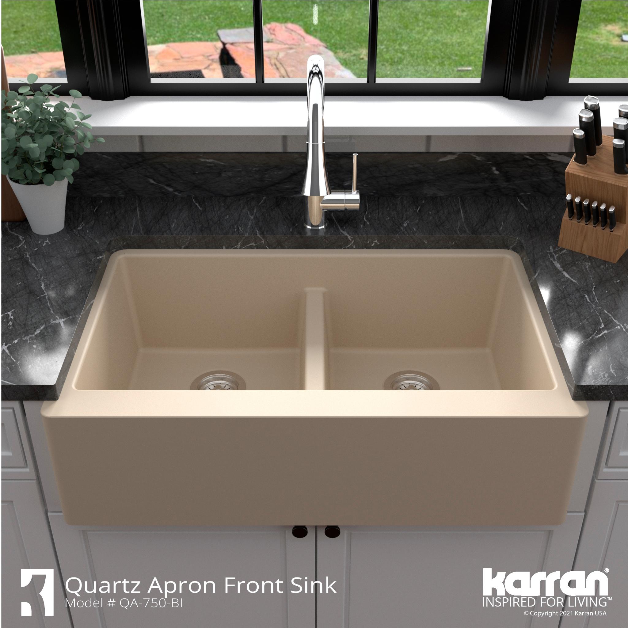 Karran Quartz 34'' X 21-1/4'' 50/50 Double Bowl Farmhouse/Apron Front Kitchen Sink Kit