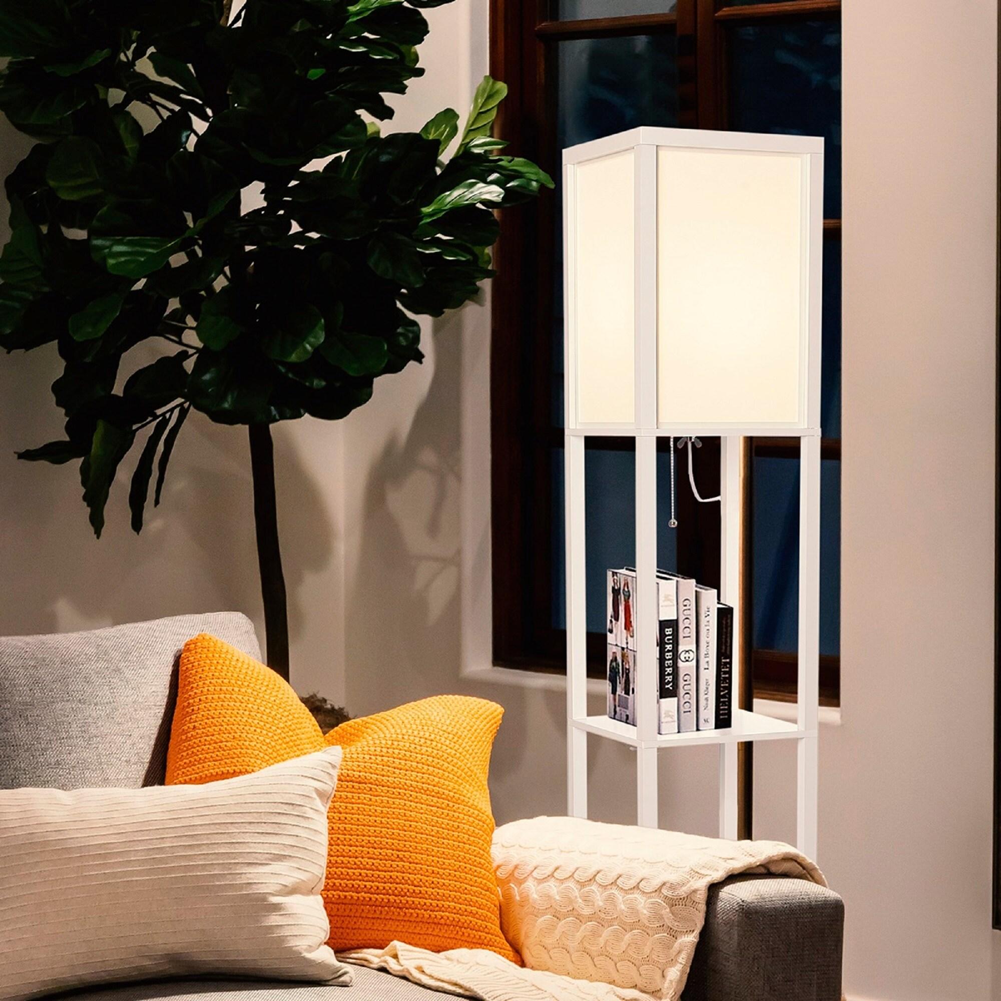 Brightech Maxwell - Modern LED Shelf Floor Lamp - Skinny End Table & Nightstand for Bedroom - Combo Narrow Side Table with Standing Accent Light Attached - Asian Tower Book Shelves - White