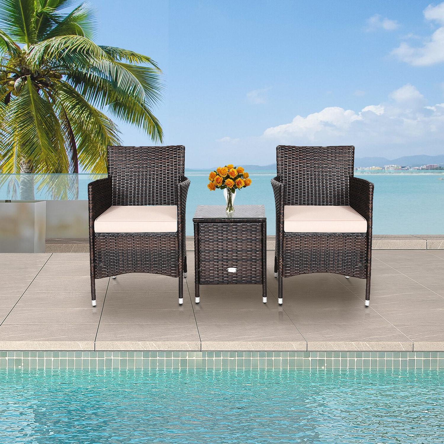 Topcobe 3 Piece Patio Conversation Set Outdoor Rattan Wicker Furniture Set with Coffee Table & Chairs Patio Bistro with Seat Cushions for Garden Balcony Backyard Poolside