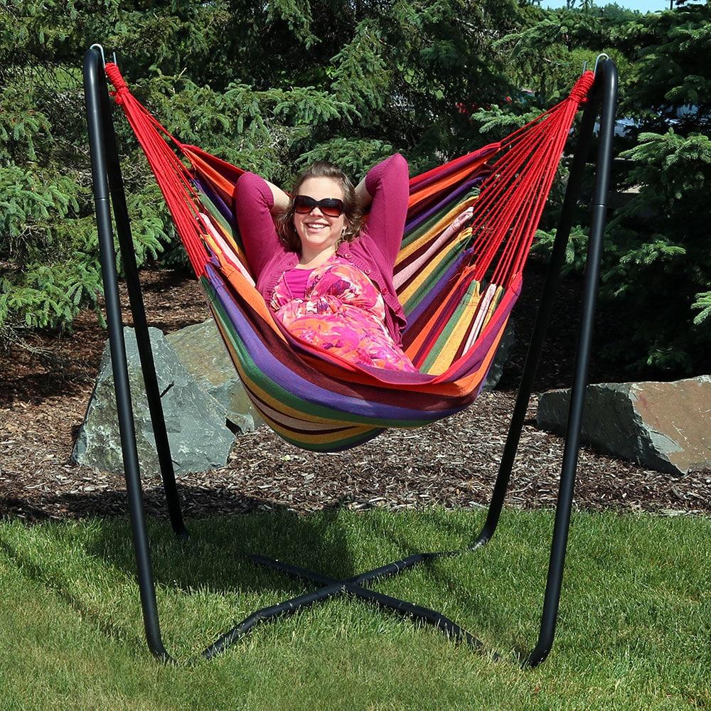 Sunnydaze Hanging Rope Hammock Chair with Space-Saving Stand - 330 lb Weight Capacity - Sunset