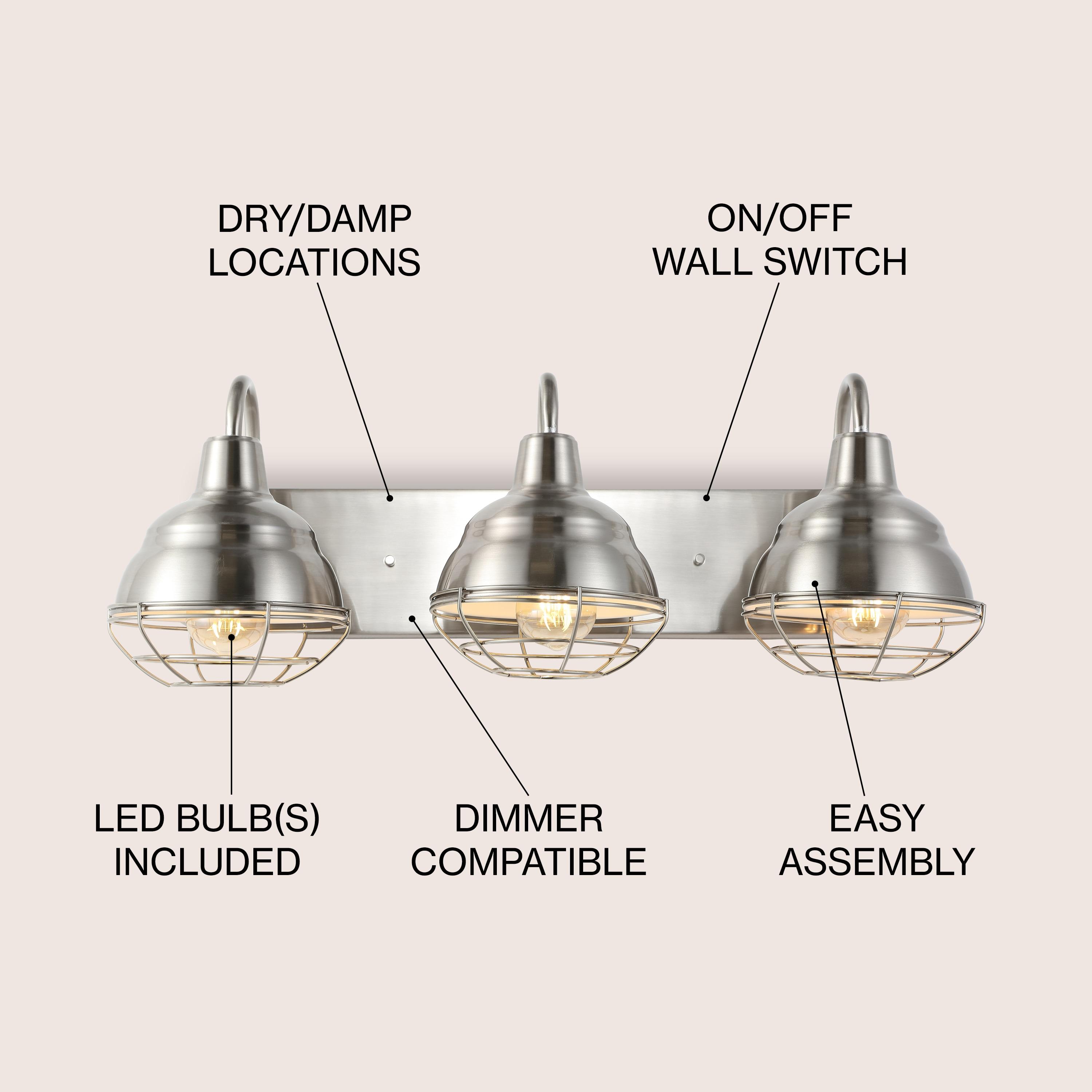 BEAUTY DEPOT 24.5" 3-Light Industrial Farmhouse Vanity Light, Nickel Finish, Led Bulbs Included, Modern Rustic Bathroom, Hallway, Living Room, Bedroom Mirror Cabinet Lighting