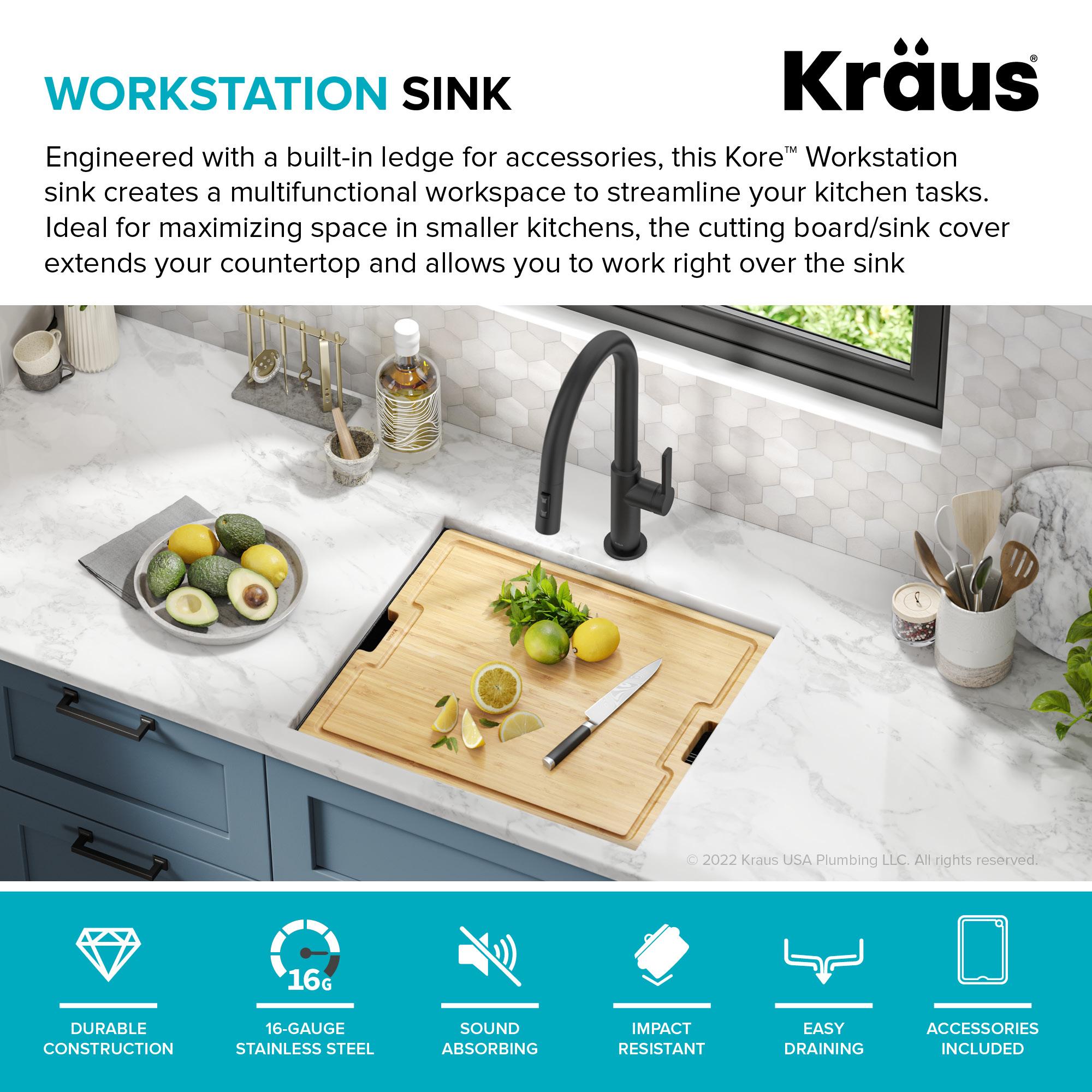 KRAUS Kore 21 Undermount Workstation 16 Gauge Black Stainless Steel Single Bowl Kitchen Sink in PVD Gunmetal Finish with Accessories