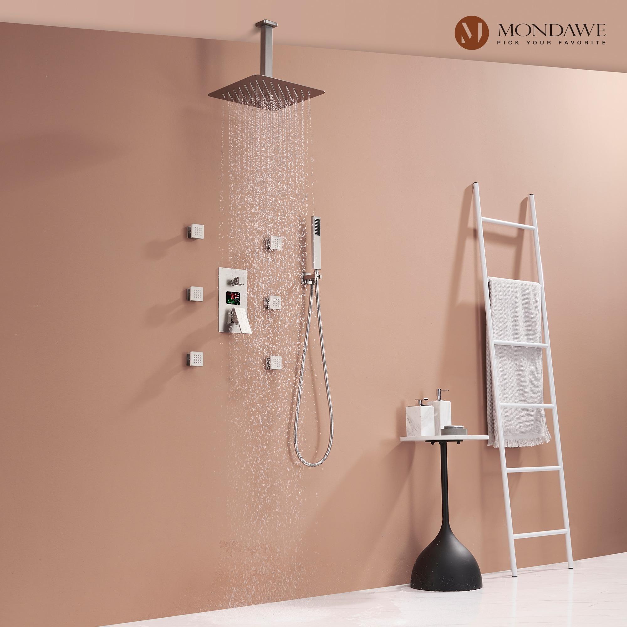 LED Display 3 Spray Patterns 12in. Ceiling Mount Fixed and Handheld Shower Head in Brushed Nickel 2.5 GPM Valve Included