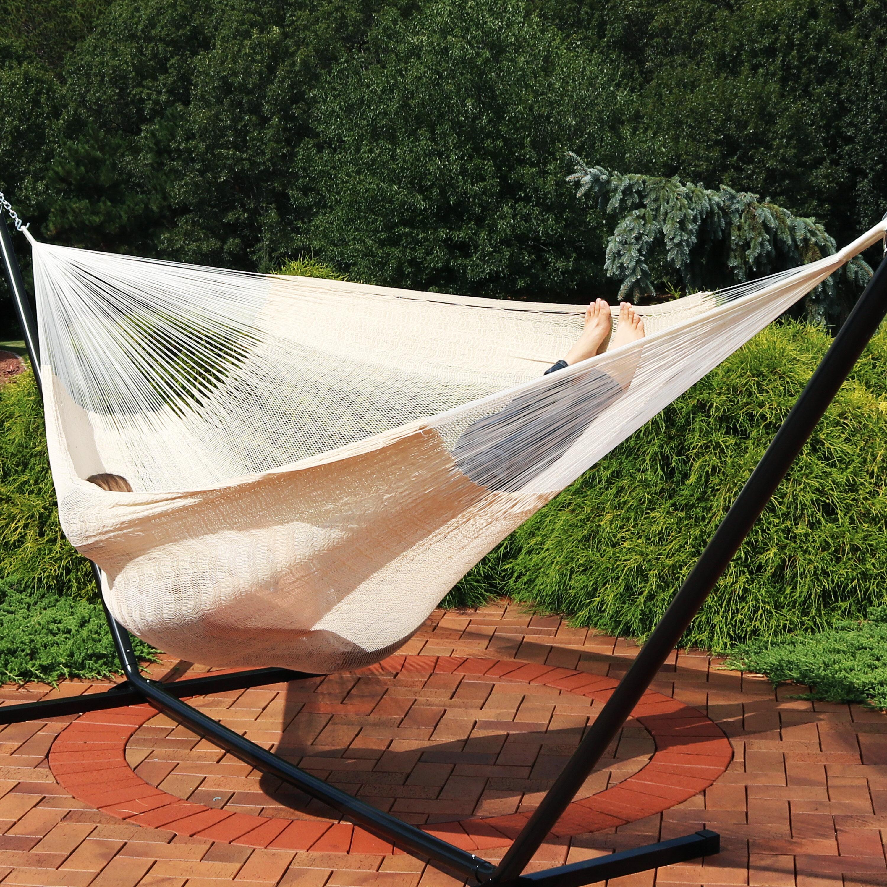 Sunnydaze Hand-Woven XXL Thick Cord Family Size Portable Mayan Hammock with Steel Stand -  400 lb Weight Capacity/15' Stand - Natural