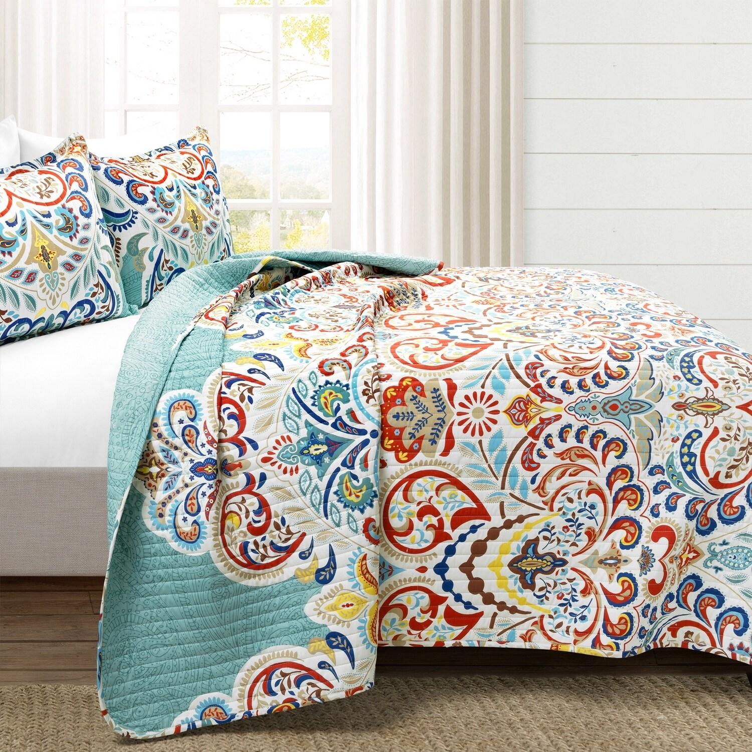 Lush Decor Boho Chic Reversible Oversized Cotton Quilt Seafoam/Red 3Pc Set Full/Queen