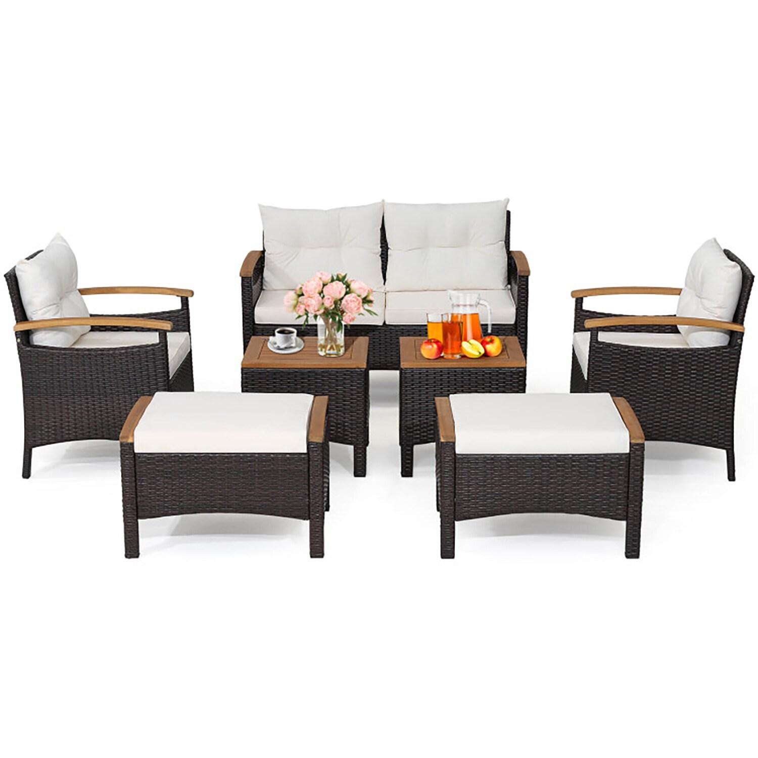 7-Piece Mix Brown Rattan Patio Sofa Set with Off-White Cushions and Acacia Wood