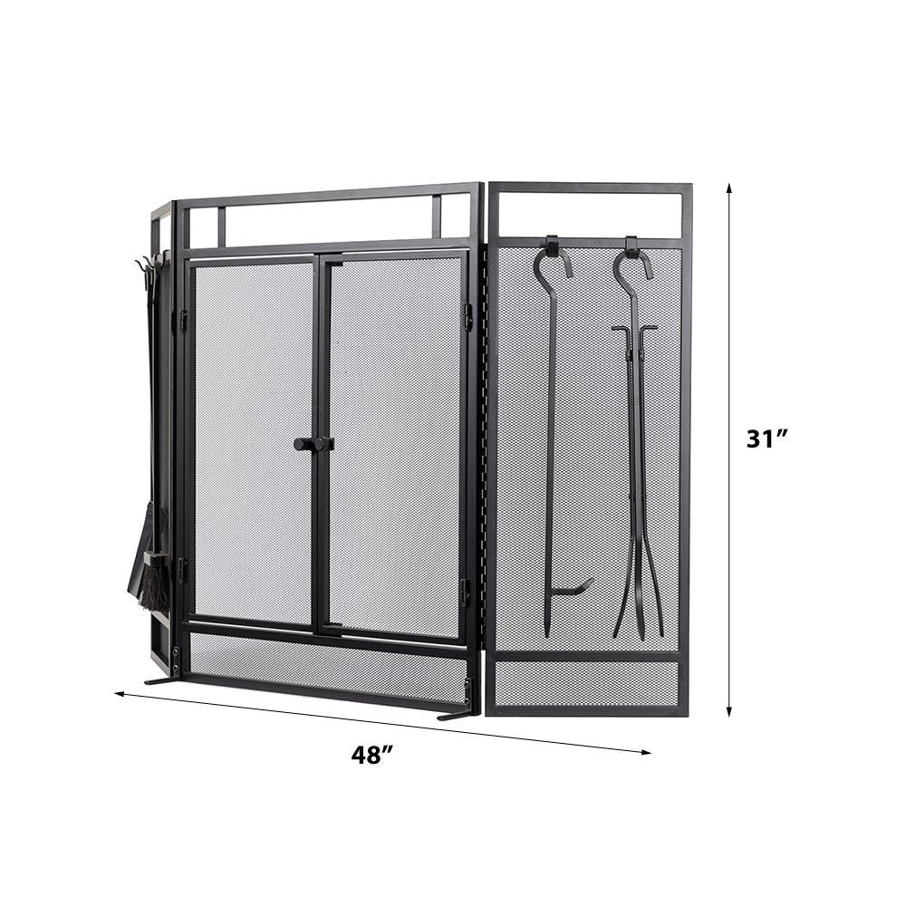 Kern River Mesh Trifold Fireplace Screen with 4 Piece Tool Set in Black