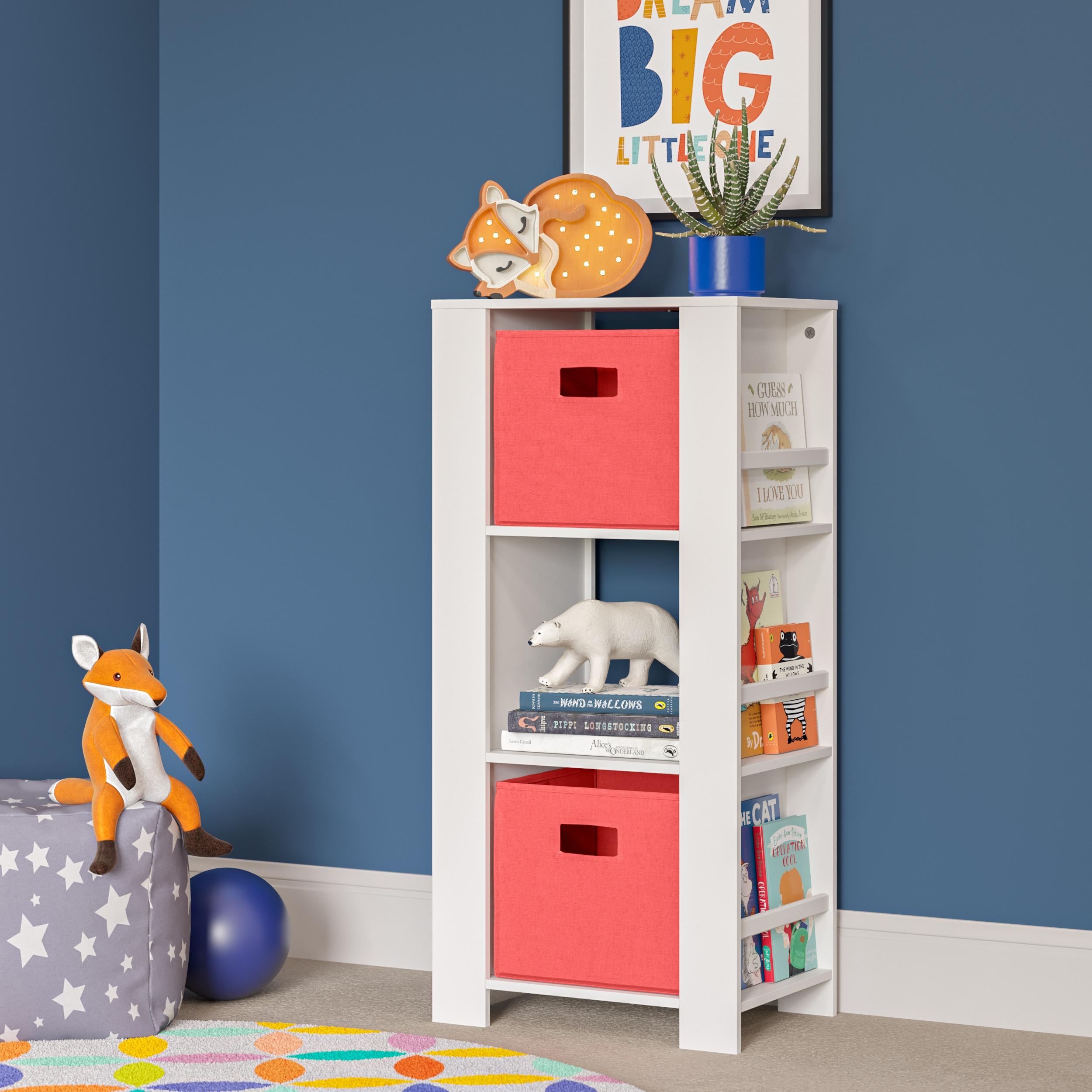 RiverRidge Book Nook Kids Bookshelf and Toy Organizer Tower with 3 Cubbies and 6 Bookracks for Playroom, Nursery, and Reading Nook - White with 2 Fabric Bins