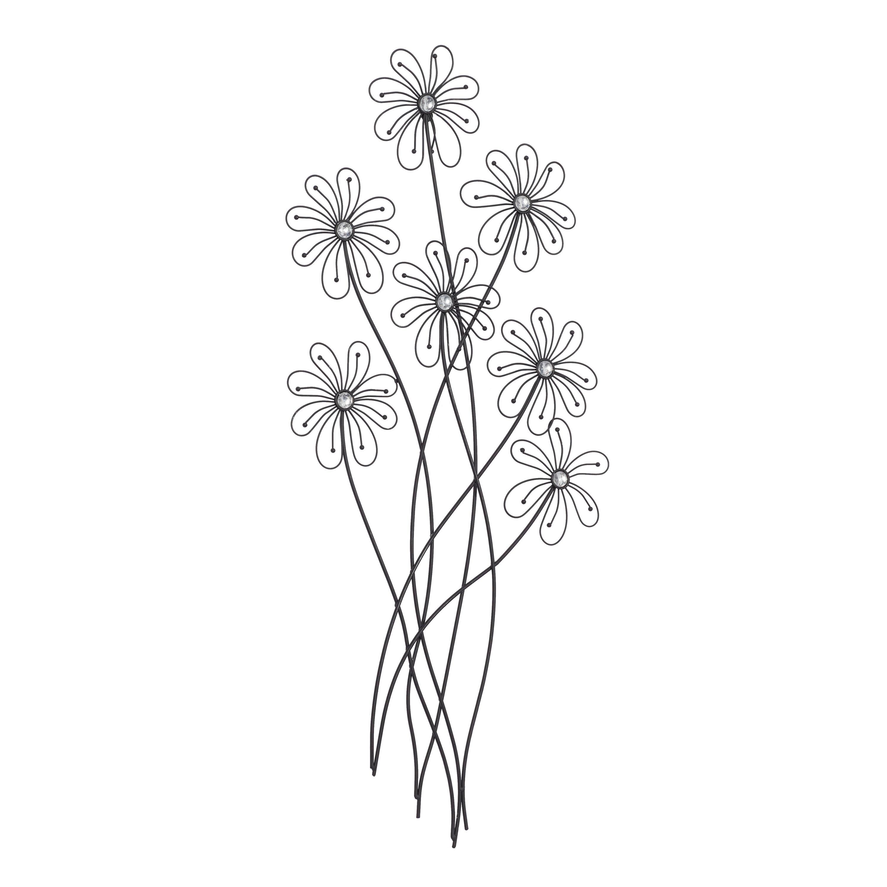 DecMode Black Metal 3D Wire Floral Wall Decor with Crystal Embellishments
