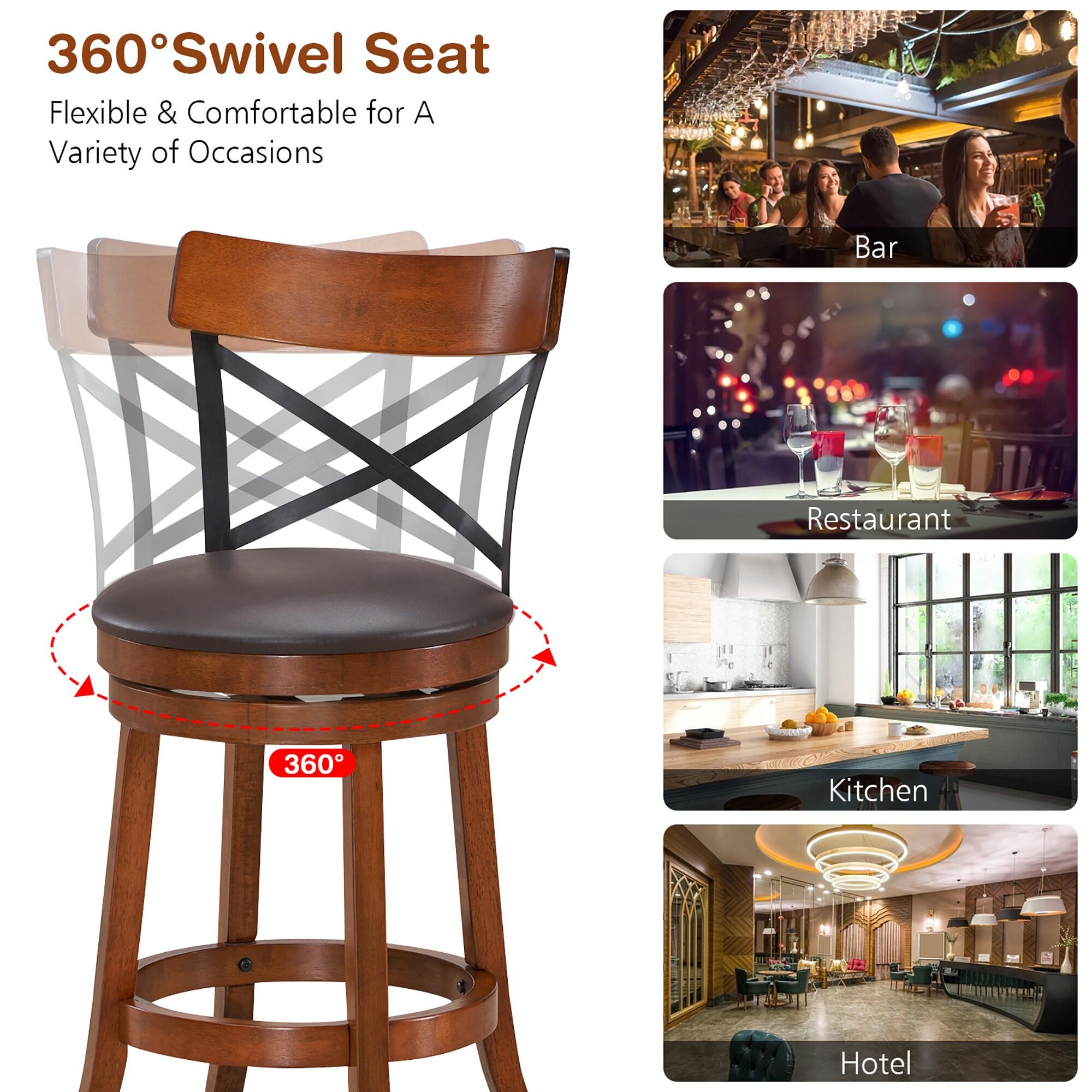 Costway Set of 2 Bar Stools Swivel 25'' Dining Bar Chairs with Rubber Wood Legs