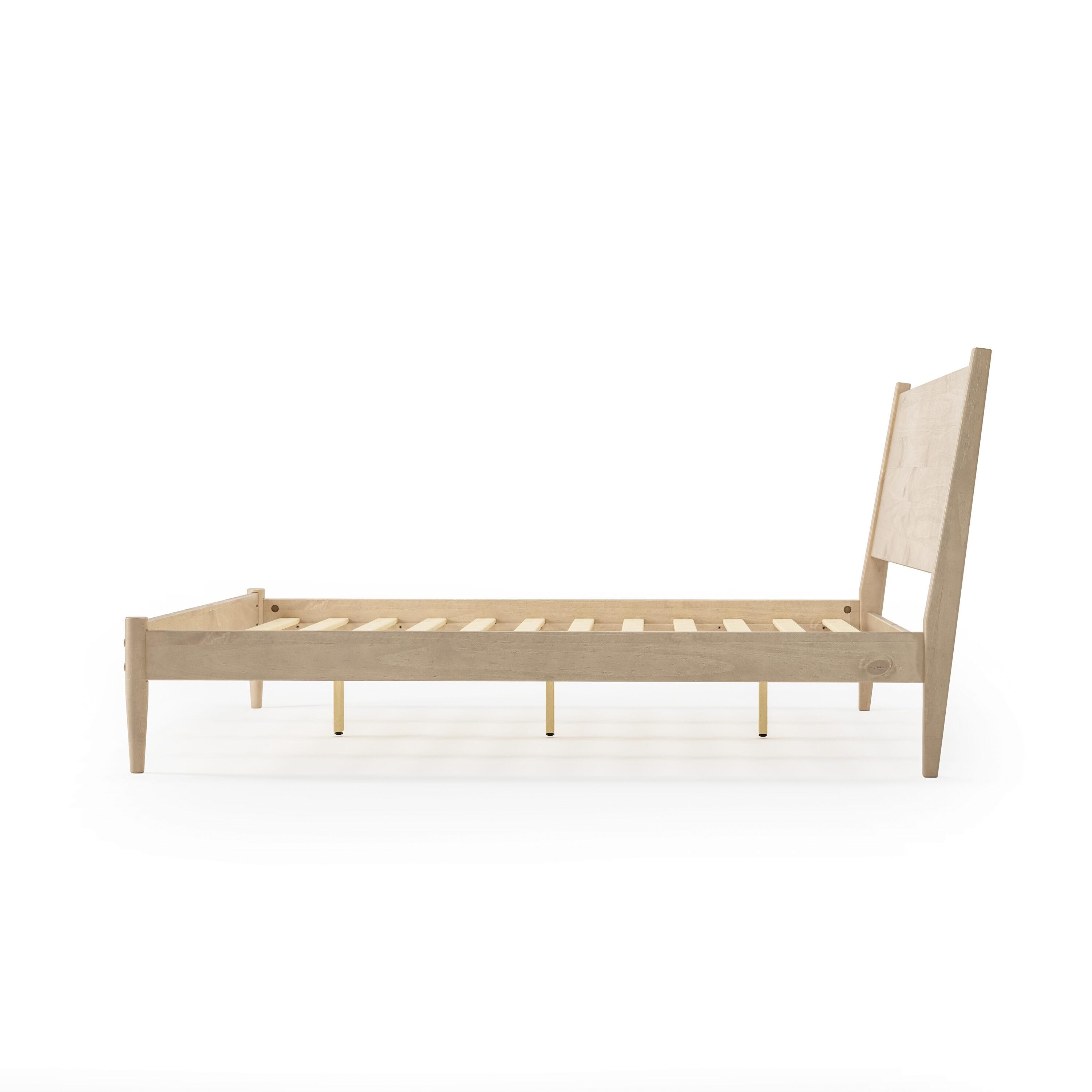 Mid-Century Light Oak King Pine Wood Upholstered Platform Bed