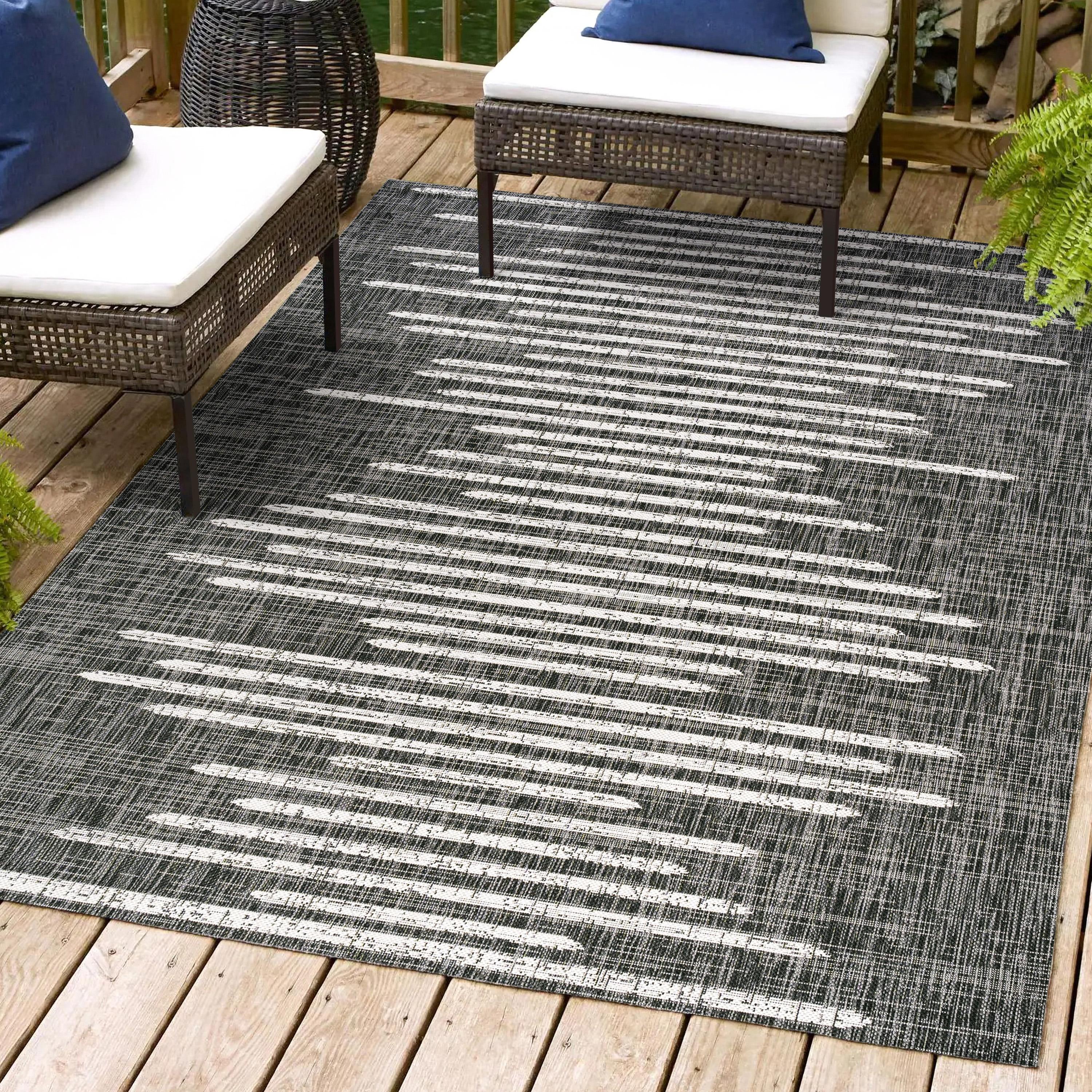 3'x5' Zolak Berber Stripe Geometric Indoor/Outdoor Area Rug, Black/Ivory - JONATHAN Y