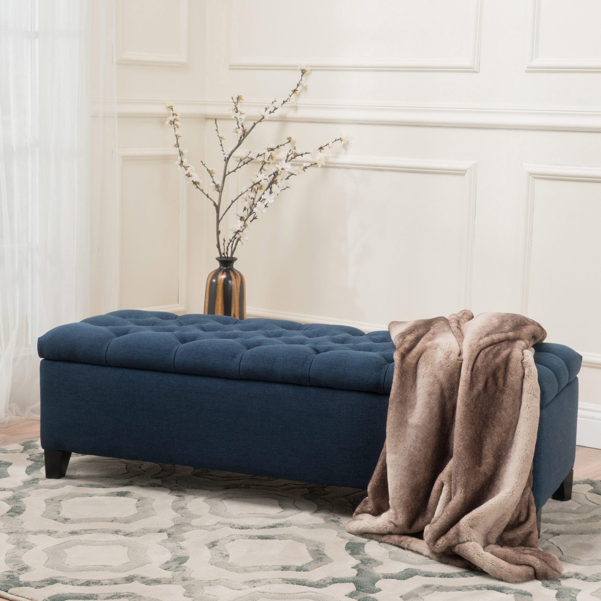 Ottilie Storage Ottoman Dark Blue - Christopher Knight Home: Upholstered Bedroom Seating with Tufted Lid