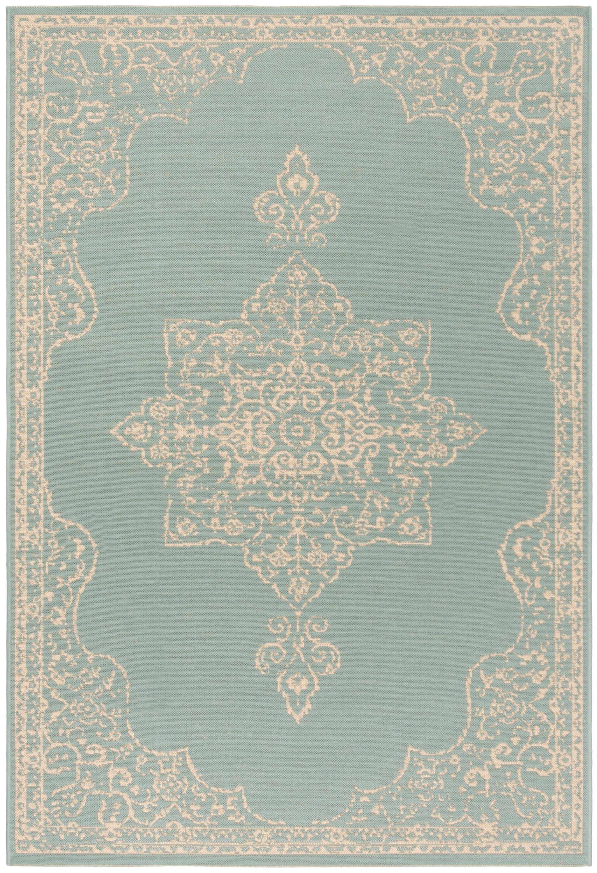 SAFAVIEH Beach House Harding Traditional Indoor/Outdoor Area Rug Cream/Aqua, 5'3" x 7'6"