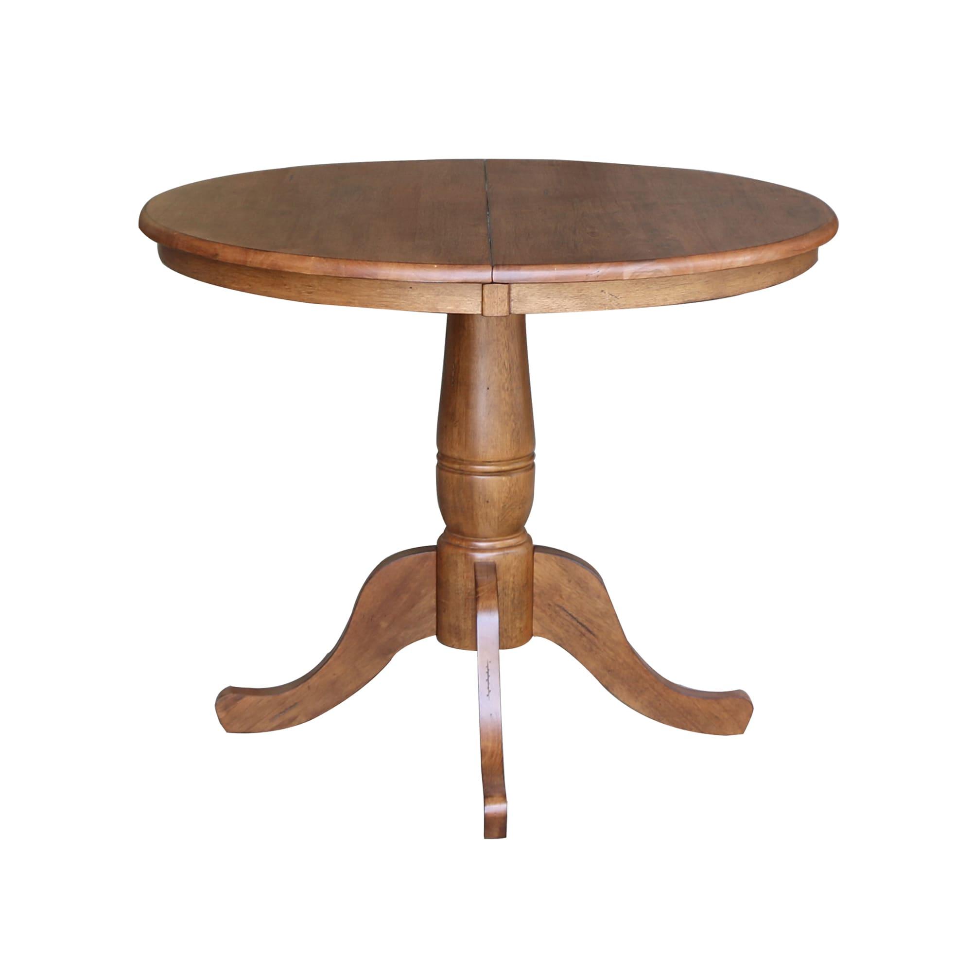 International Concepts 29.3" Keanan Round Top Pedestal Extendable Dining Table with 12" Drop Leaf Distressed Oak: Mid-Century Style, Seats 4