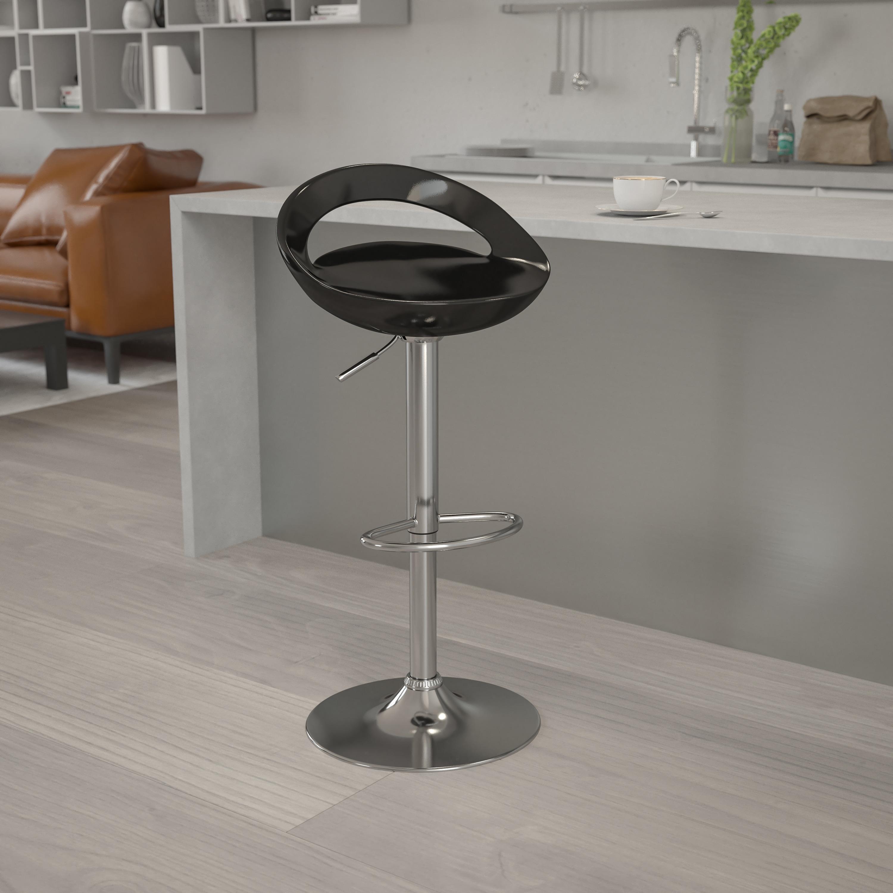 Flash Furniture Contemporary Black Plastic Adjustable Height Barstool with Rounded Cutout Back and Chrome Base