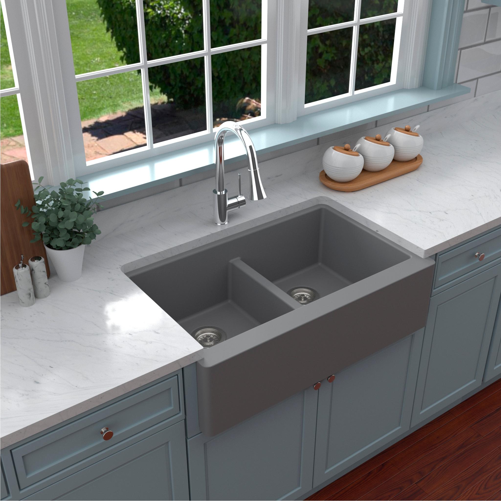 Karran Quartz 34'' X 21-1/4'' 50/50 Double Bowl Farmhouse/Apron Front Kitchen Sink Kit