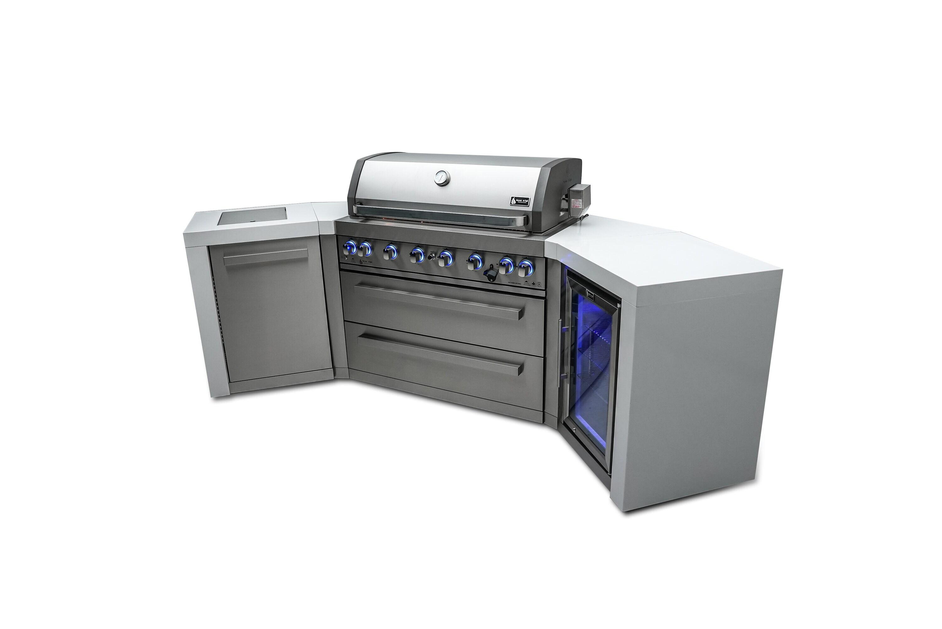 Mont Alpi 805 6-Burner 115000 BTU MAi805-D45FC U-shaped Stainless Steel Deluxe Modular Outdoor Kitchen BBQ Island Grill + Fridge Cabinet - 2 Infrared Burners, White Granite Countertops, Rotisserie Kit