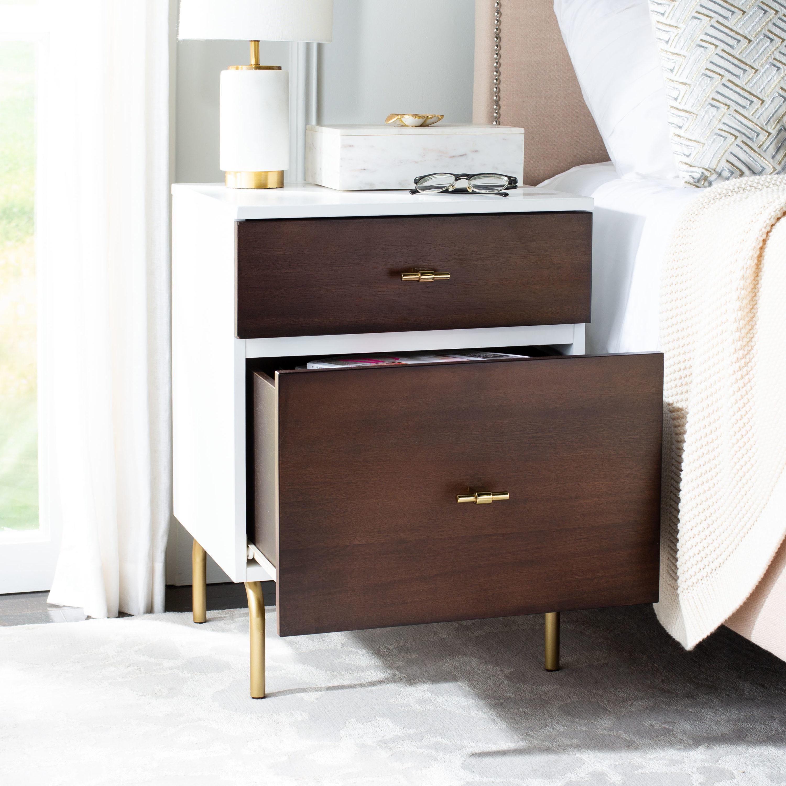 Genevieve 2 Drawer Nightstand - Walnut/White/Gold - Safavieh.