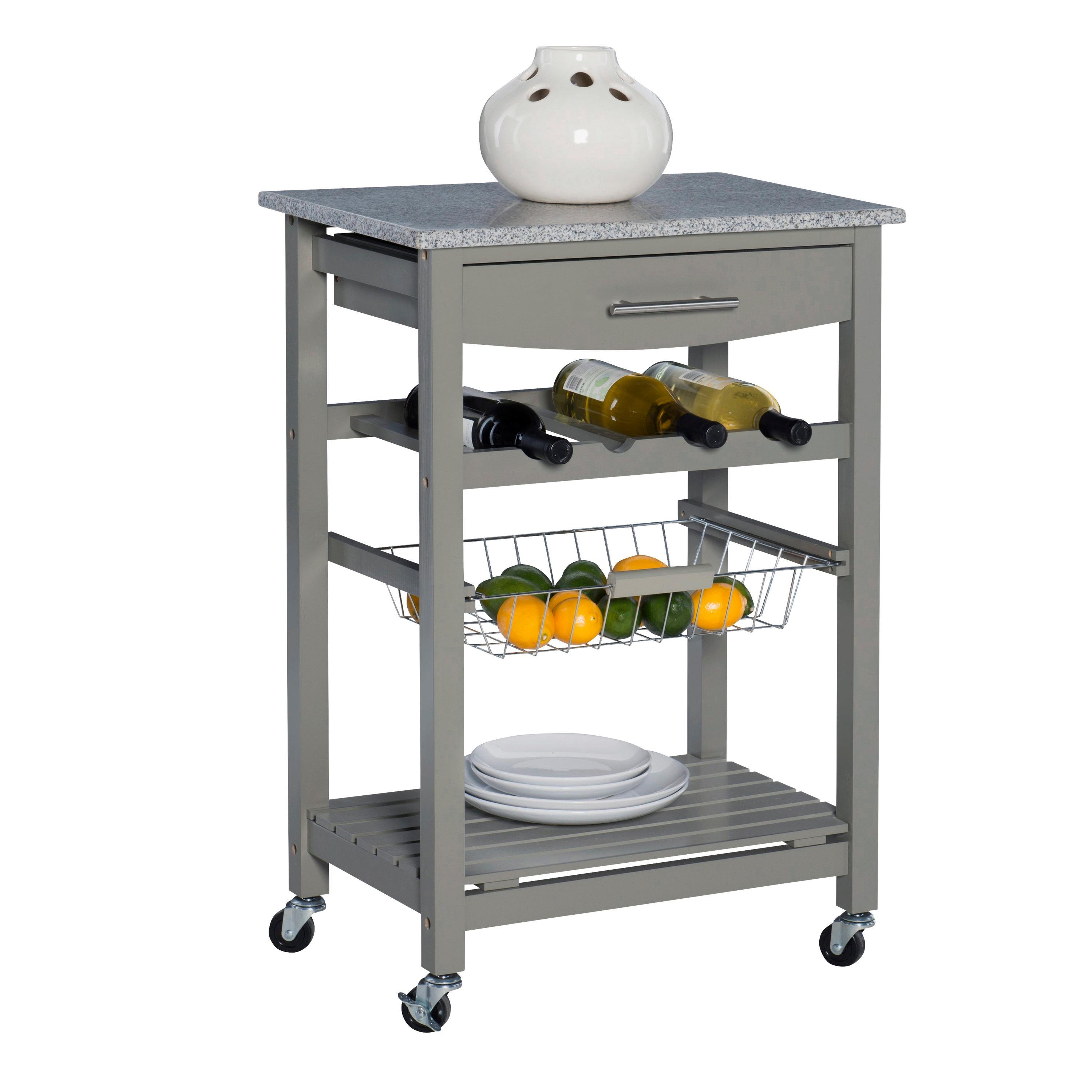 Roger Gray Wood Movable Kitchen Cart Granite Top Storage Wine Rack Locking Wheels - Linon