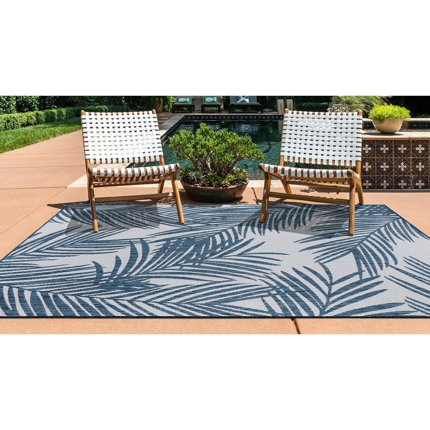 World Rug Gallery Contemporary Distressed Leaves Textured Flat Weave Indoor/Outdoor Area Rug - NAVY 7'10"X10'