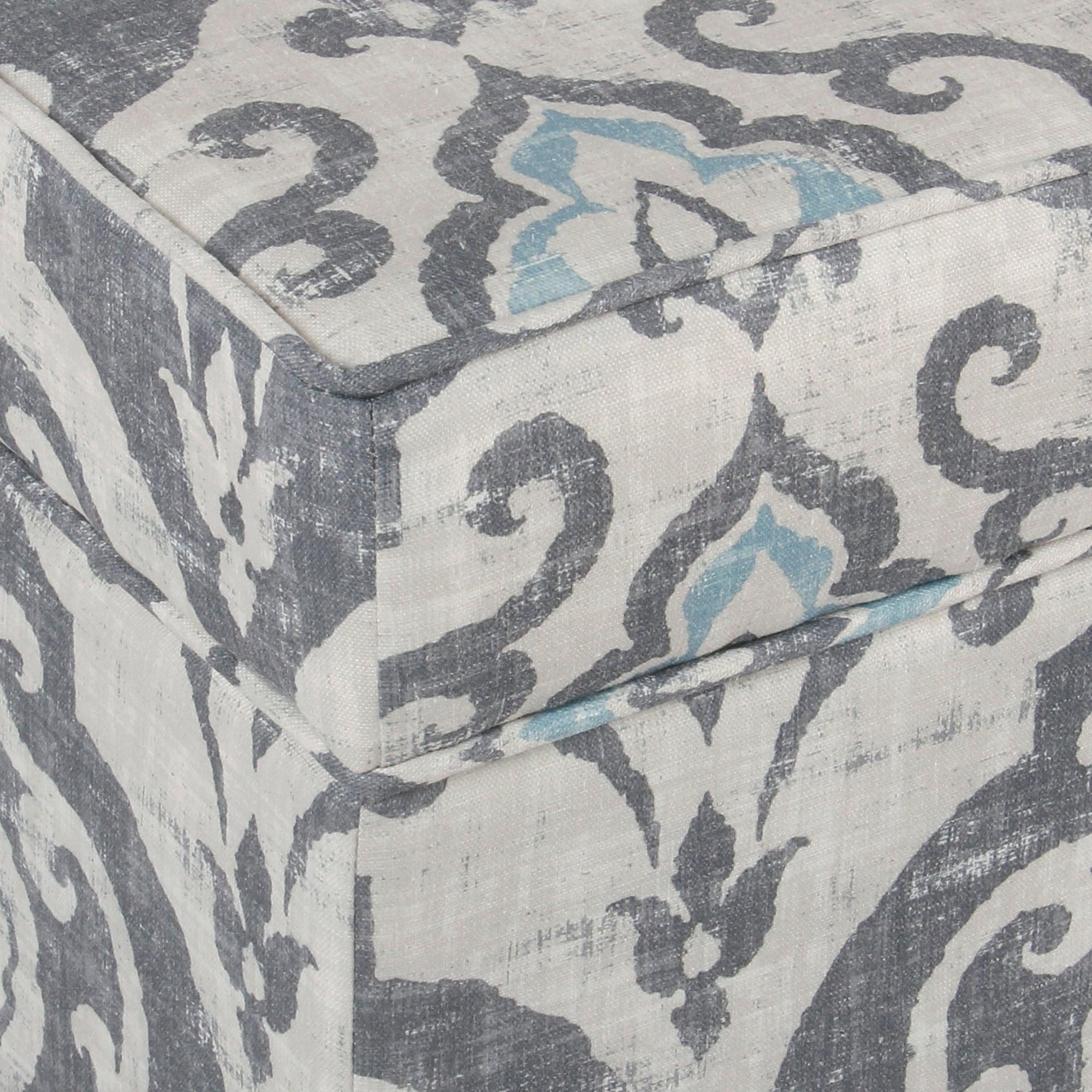 Medium Storage Ottoman Gray/Blue - HomePop: Upholstered Rectangular Footstool with Damask Pattern, Plywood & Hardwood Frame