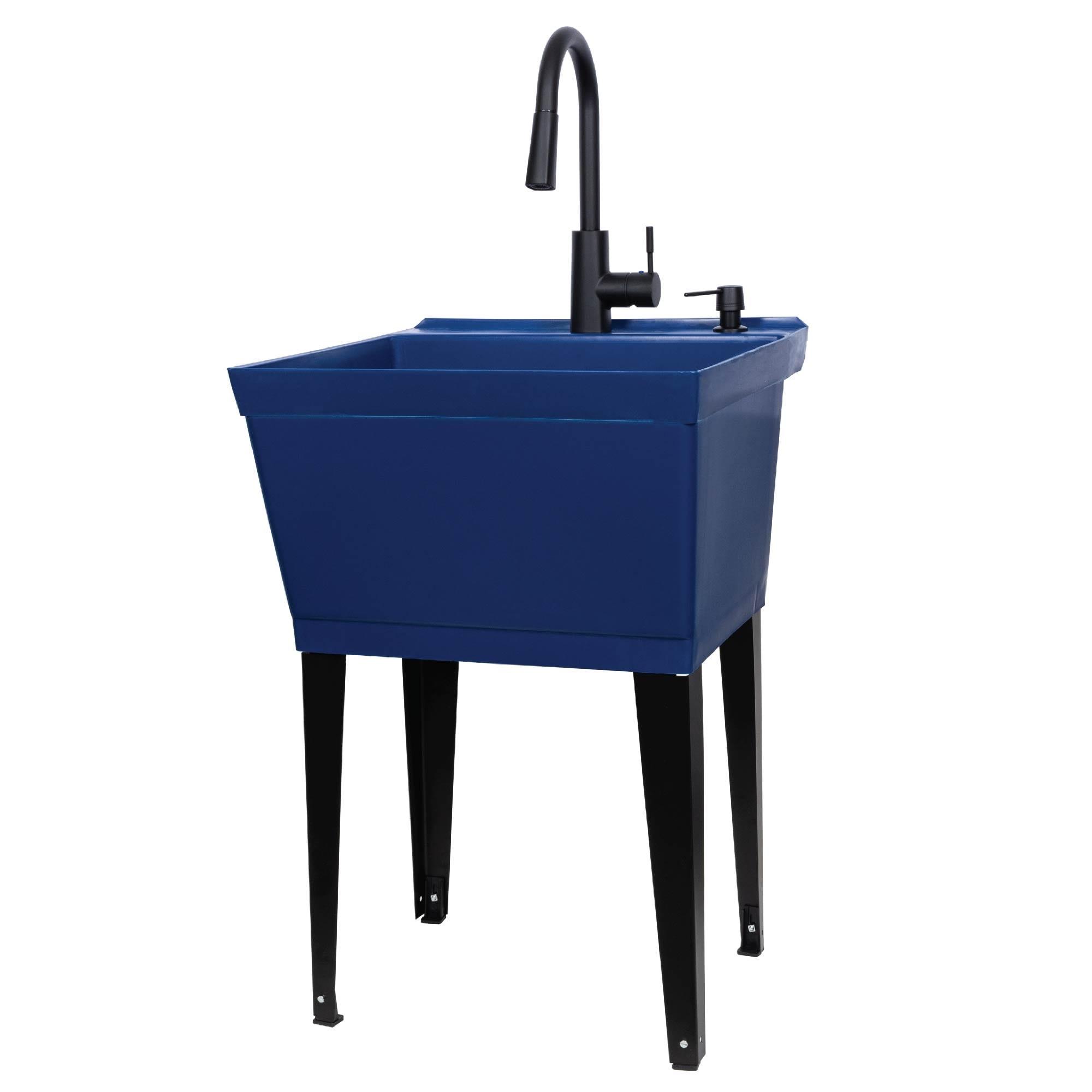 Blue Freestanding Utility Sink with Black High-Arc Faucet