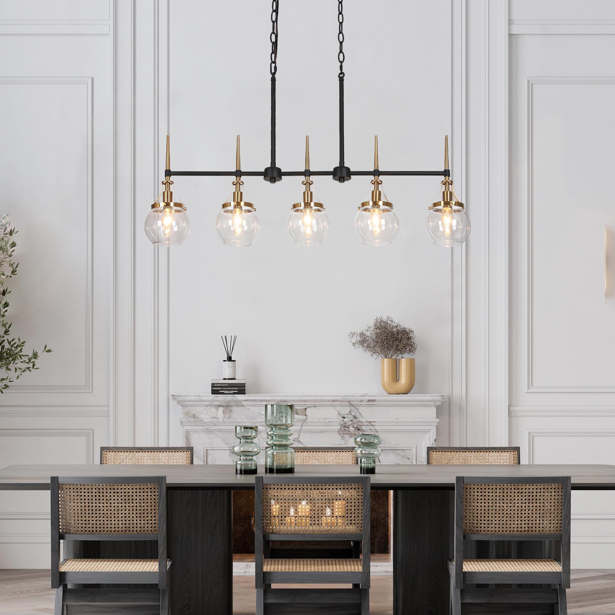 LNC Capensis 6-Light 36.2" Matte Black and Polished Gold Shaded LED Dry Rated Chandelier: UL Listed, Adjustable Height, Glass Shades