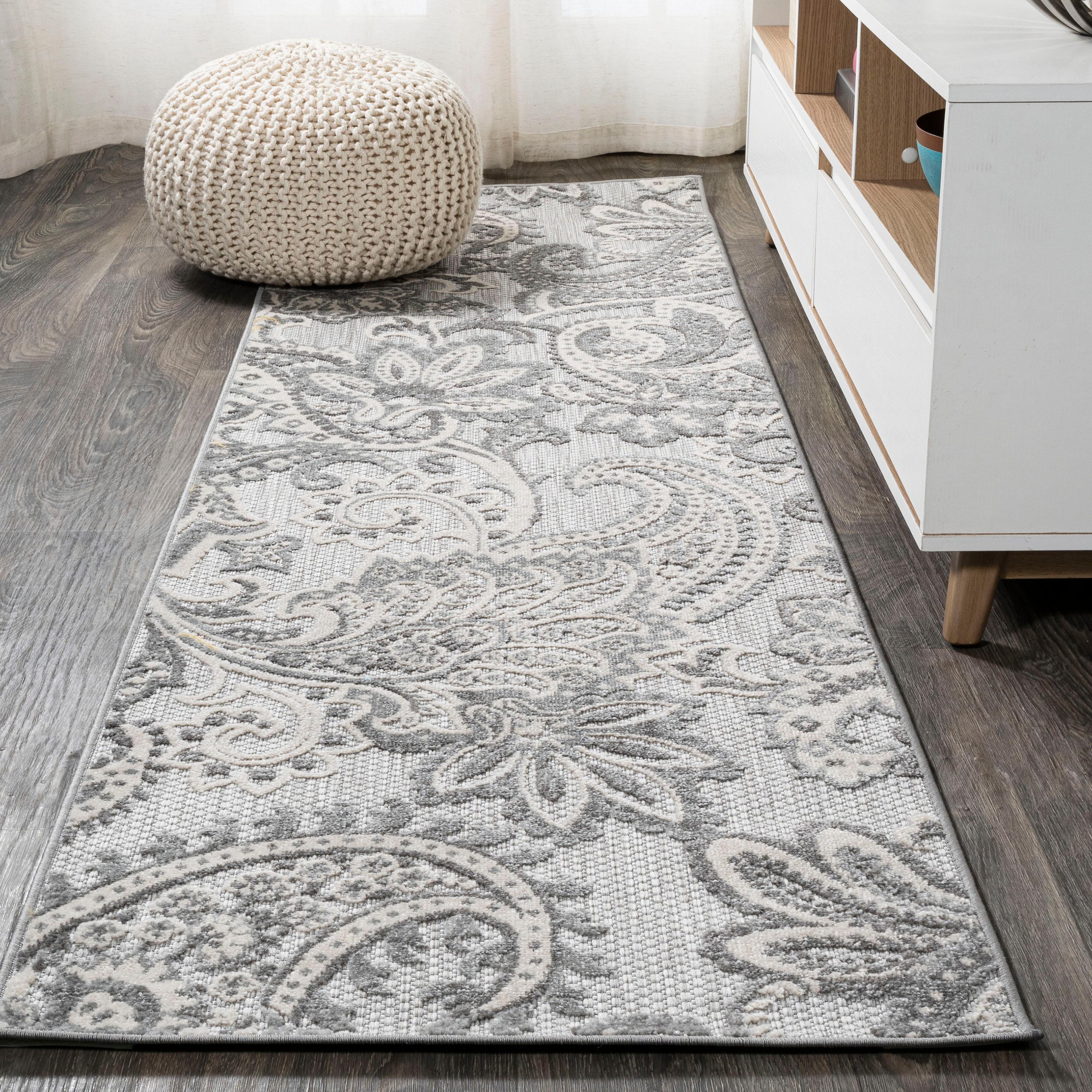 2'x8' Gordes Paisley High-Low Indoor/Outdoor Area Rug, Light Gray - JONATHAN Y