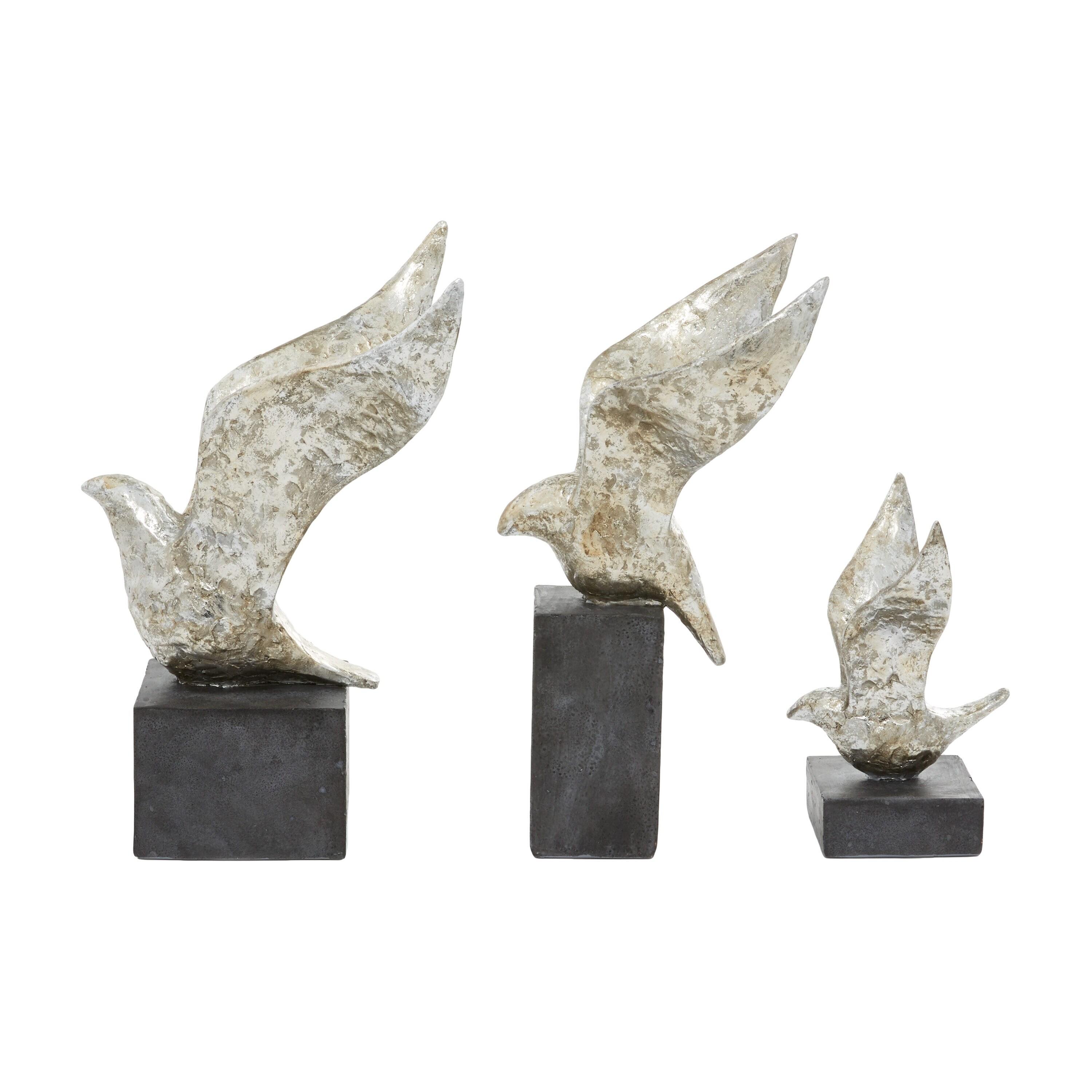 14", 9", 14"H Silver Polystone Bird Sculpture, by DecMode (3 Count)