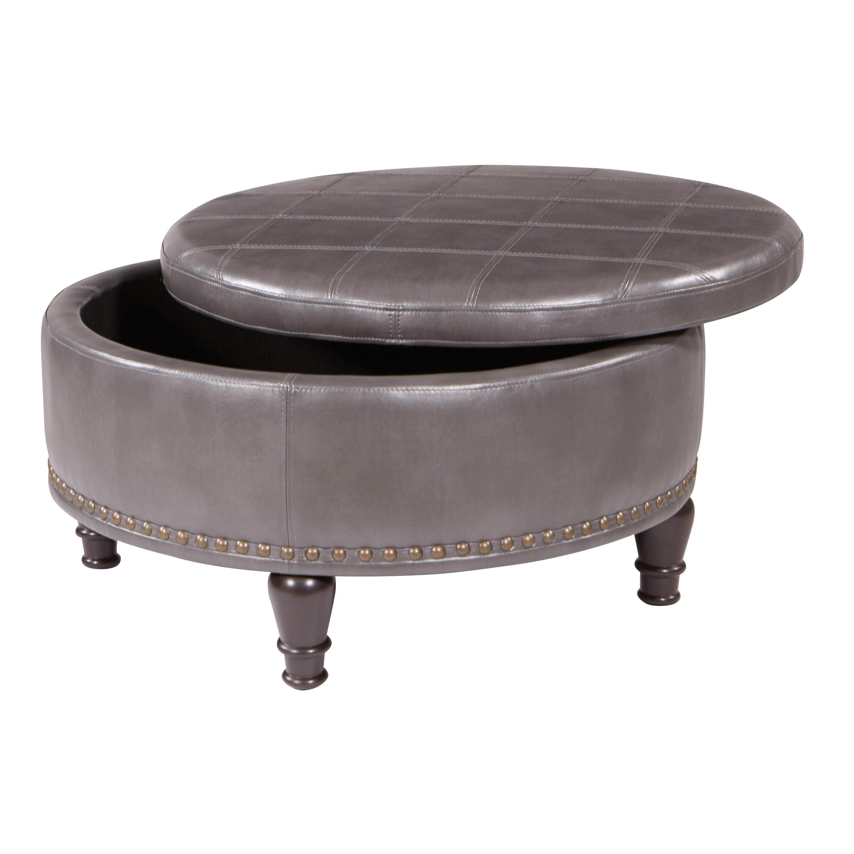 OSP Home Furnishings Augusta Round Storage Ottoman in Pewter Bonded Leather with decorative nailheads