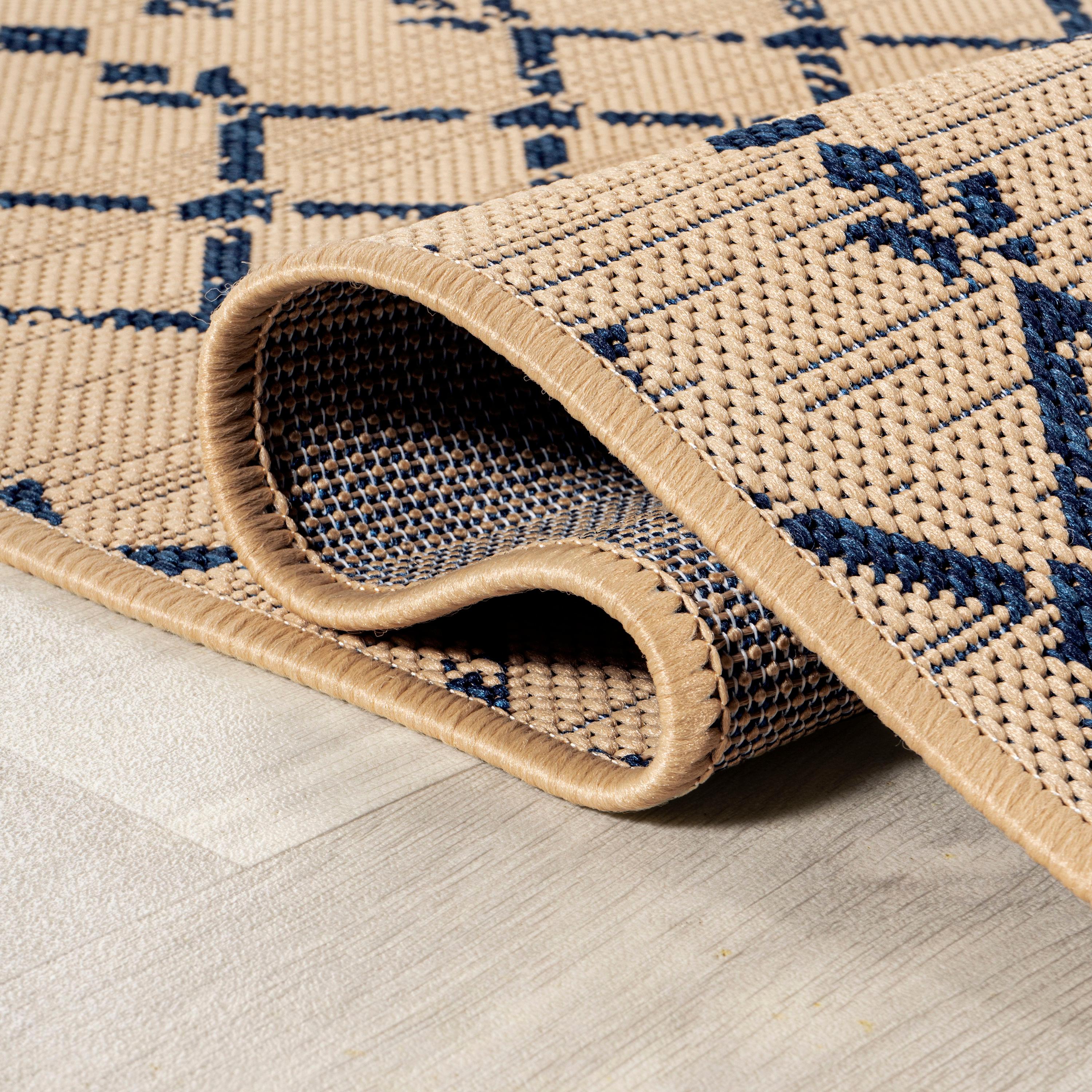 5' Round Ourika Moroccan Geometric Textured Weave Indoor/Outdoor Area Rug, Beige/Navy - JONATHAN Y