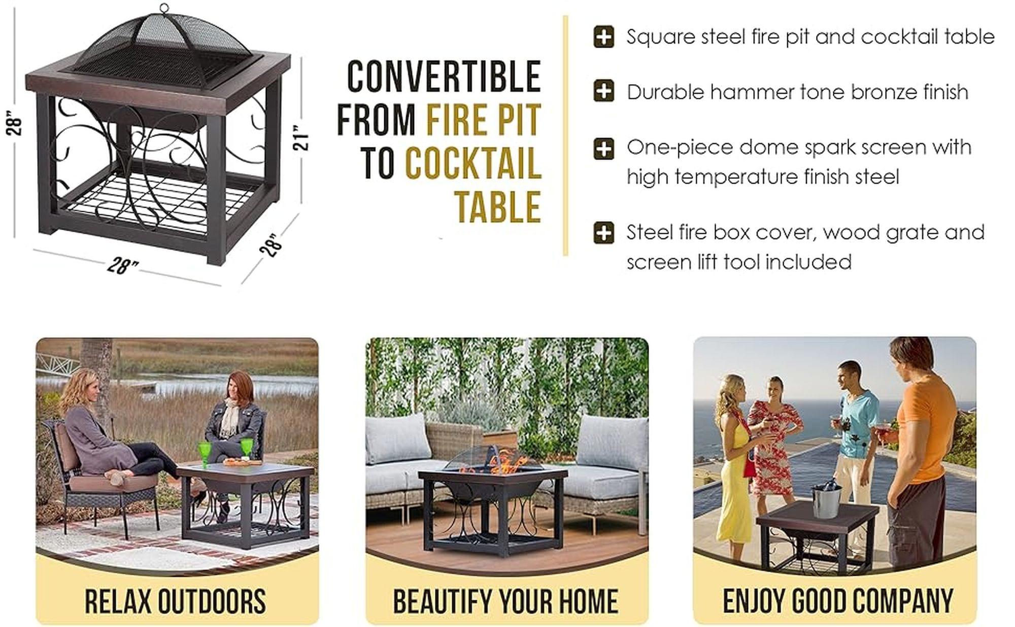 Fire Sense Fire Pit Cocktail Square Table Wood Burning Mesh Spark Screen Wood Grate with Storage Rack – Hammered Bronze Finish
