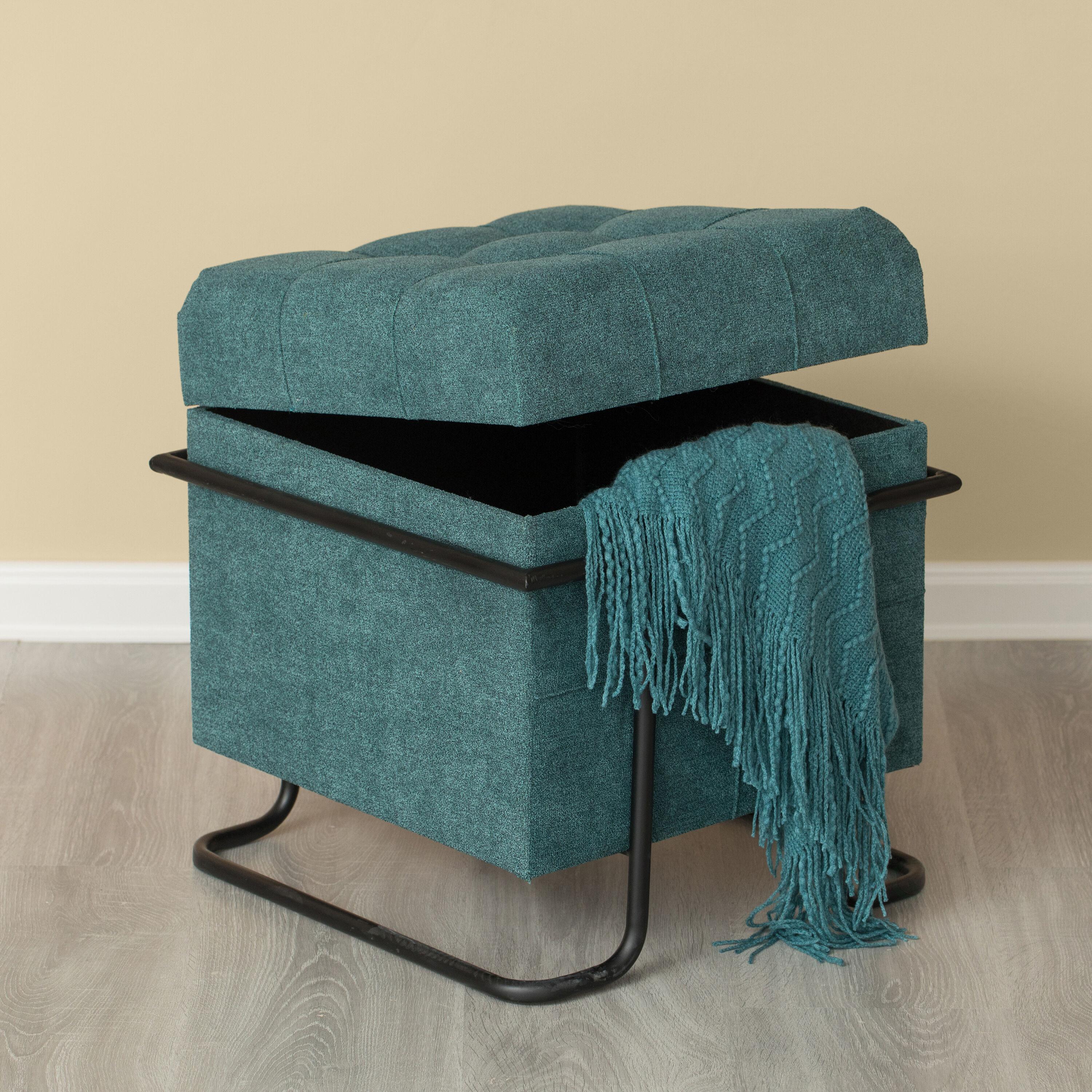 Fabulaxe Square Fabric Storage Ottoman with Black Metal Frame, Blue