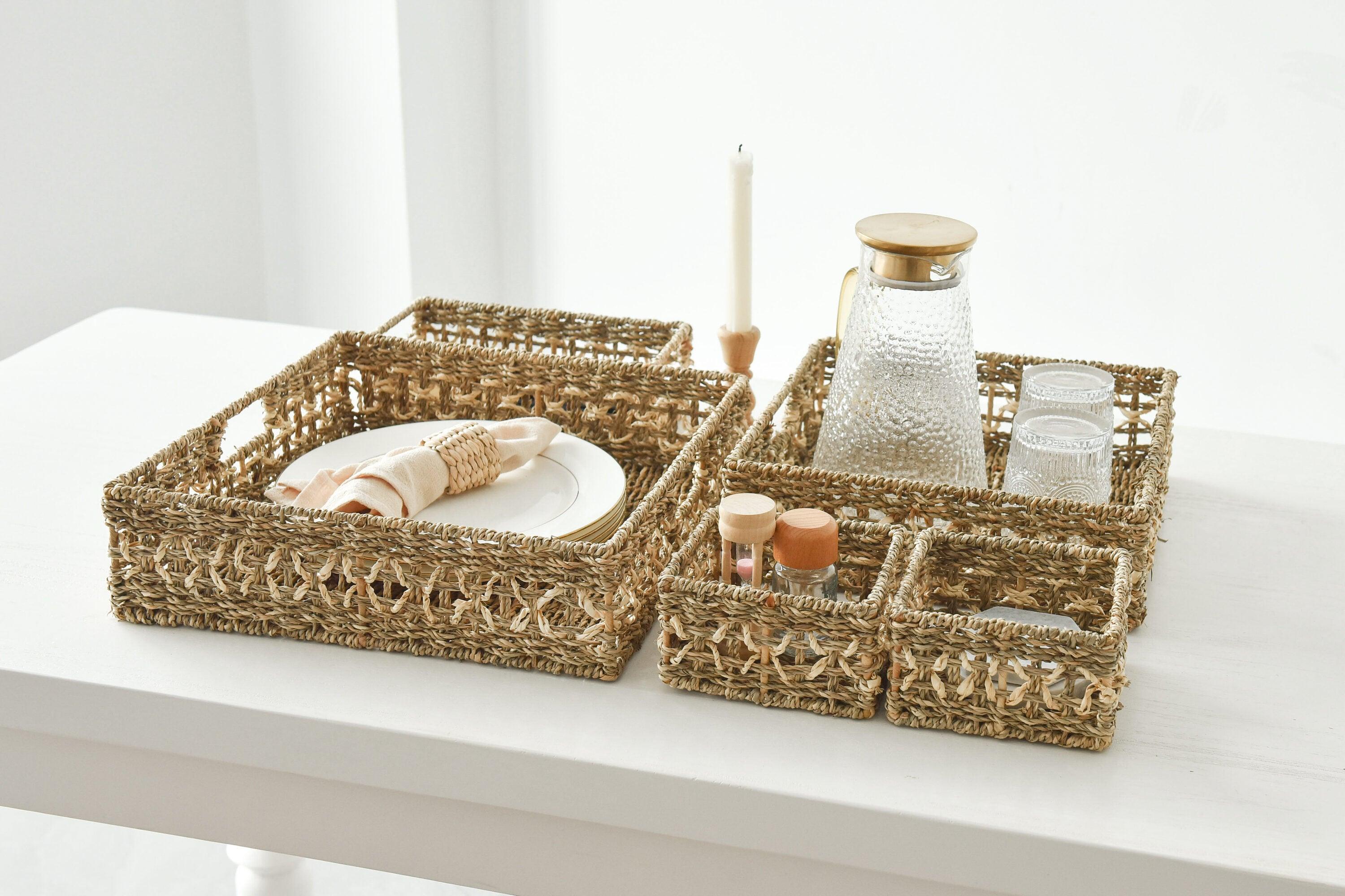 WeThinkStorage Set of 5 Hand-Woven Natural Seagrass Decorative Storage Bins Natural Brown