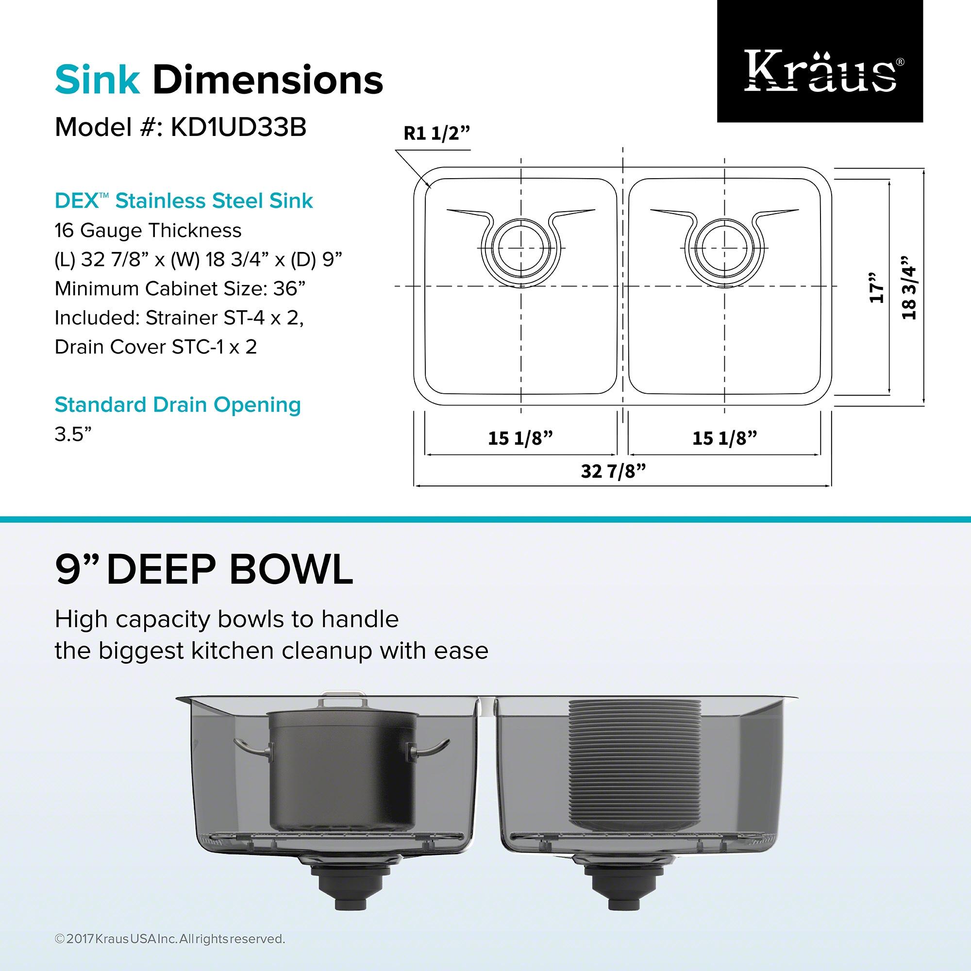 Dex™️ Series KRAUS 33-inch L Undermount 50/50 Double Bowl TRU16 Gauge Stainless Steel Kitchen Sink with DrainAssure WaterWay