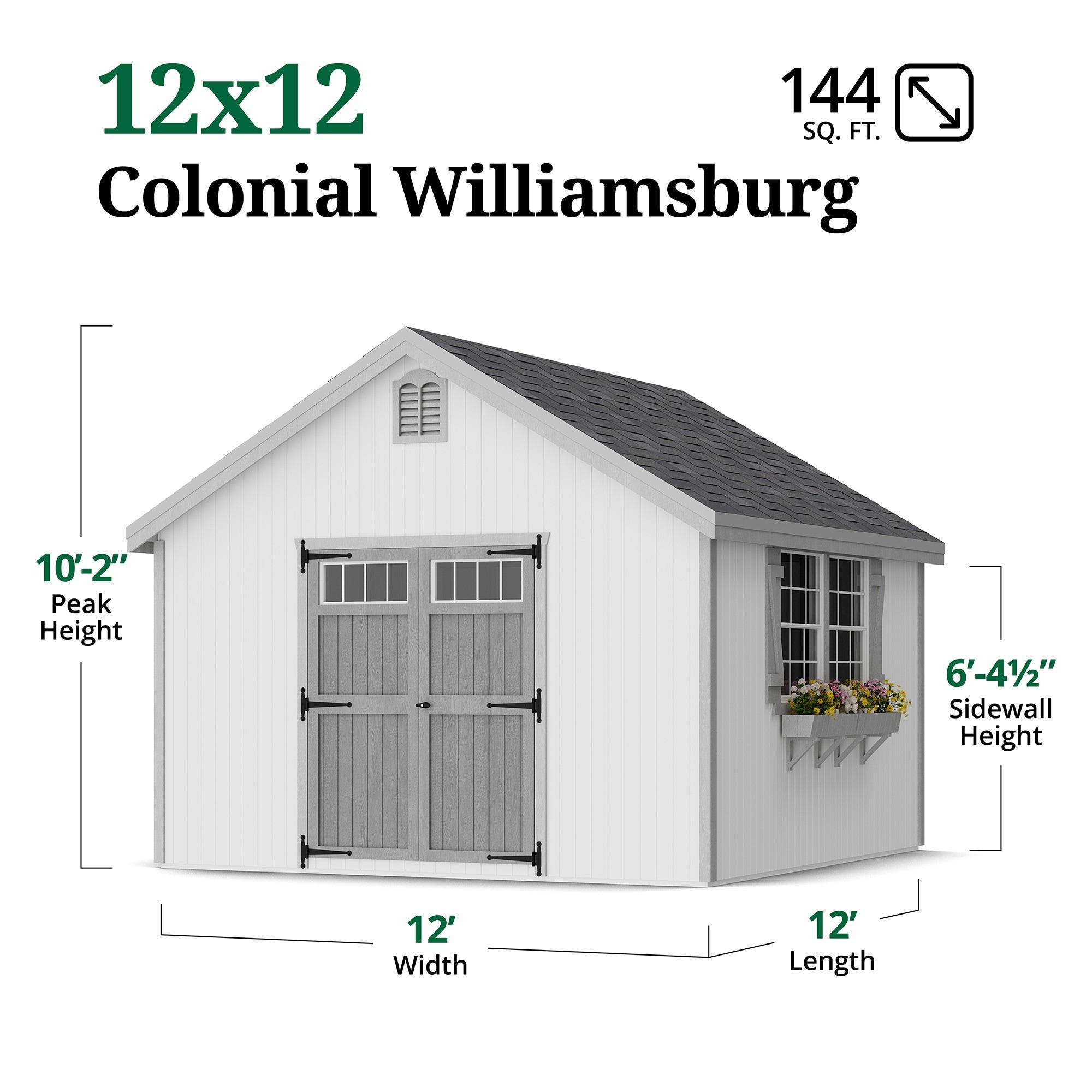 Little Cottage Co. 12x12 Colonial Williamsburg Shed with Operable Windows, Outdoor Wood Storage Do-It-Yourself Precut Kit