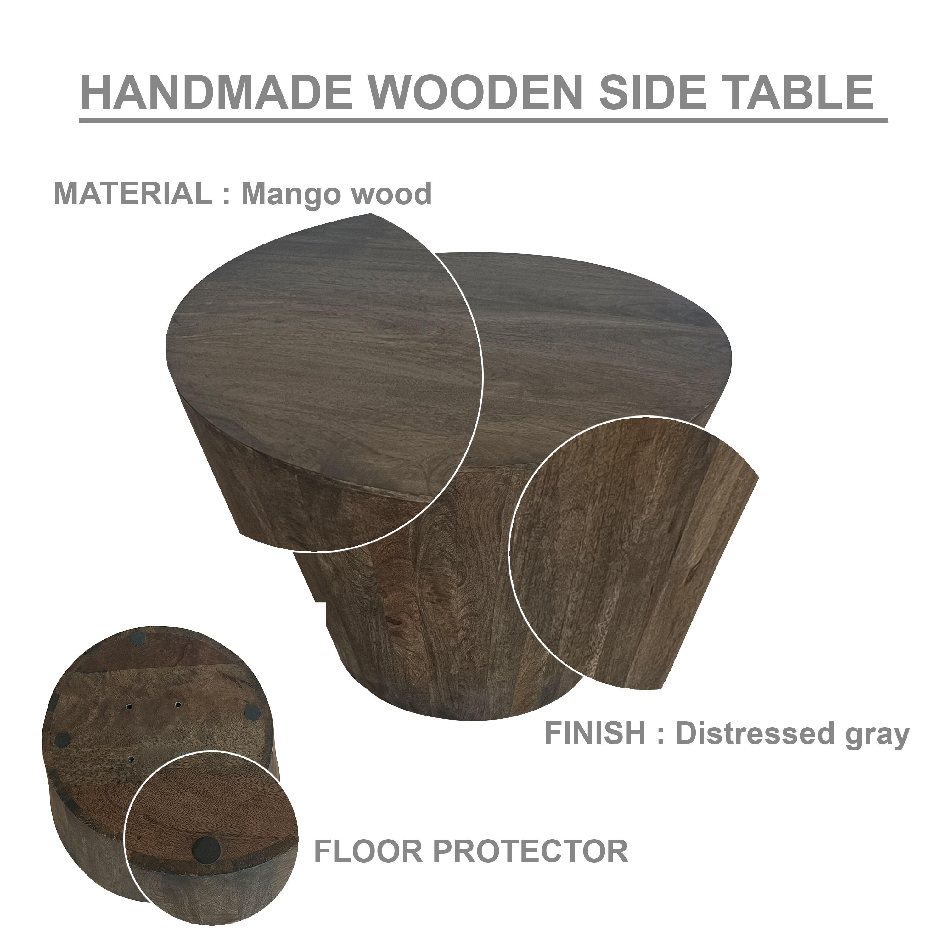 Royal Hampton 24 Inch Side End Table with Round Drum Shape, Handcrafted Mango Wood Construction, Distressed Gray