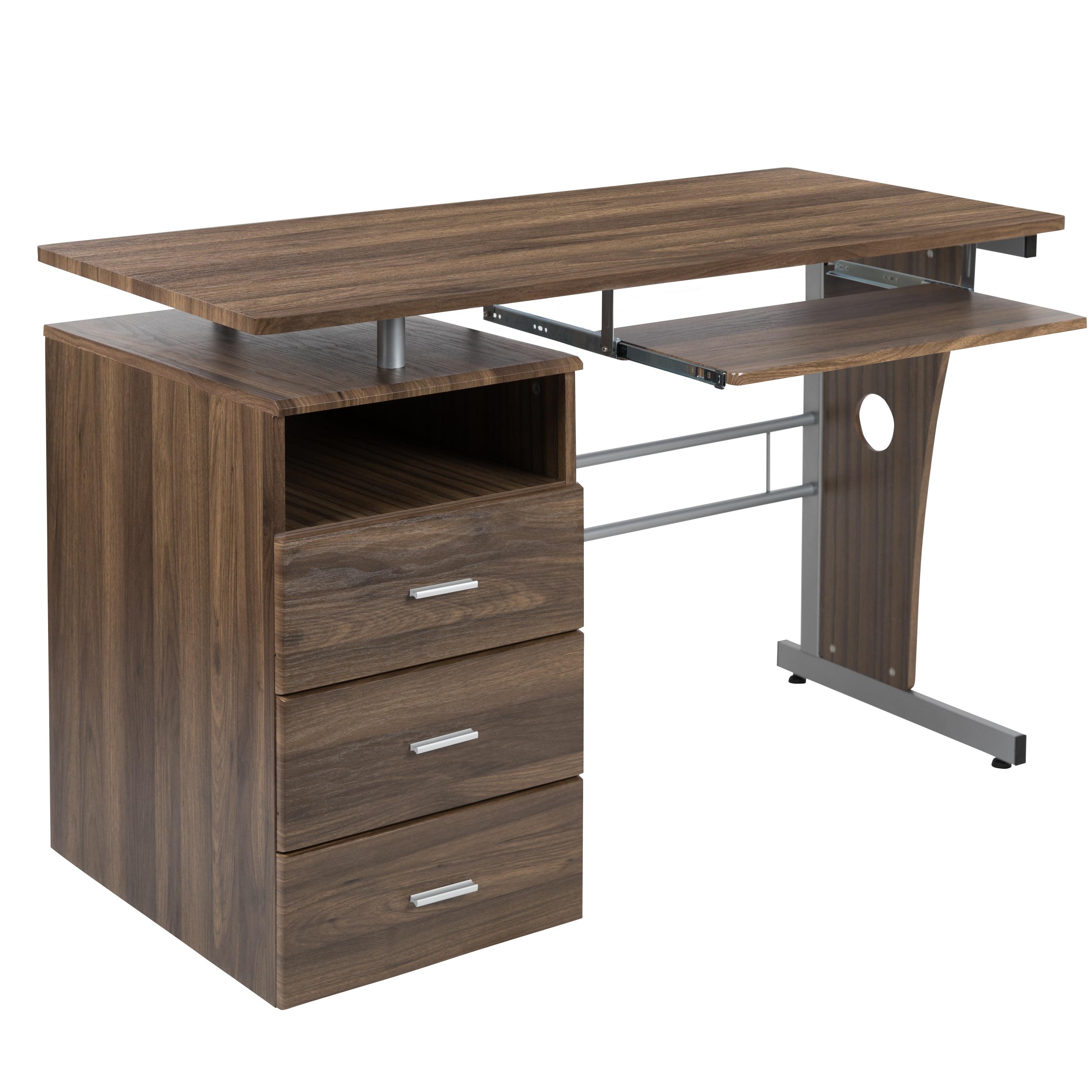 Flash Furniture Rustic Walnut Desk with Three Drawer Pedestal and Pull-Out Keyboard Tray