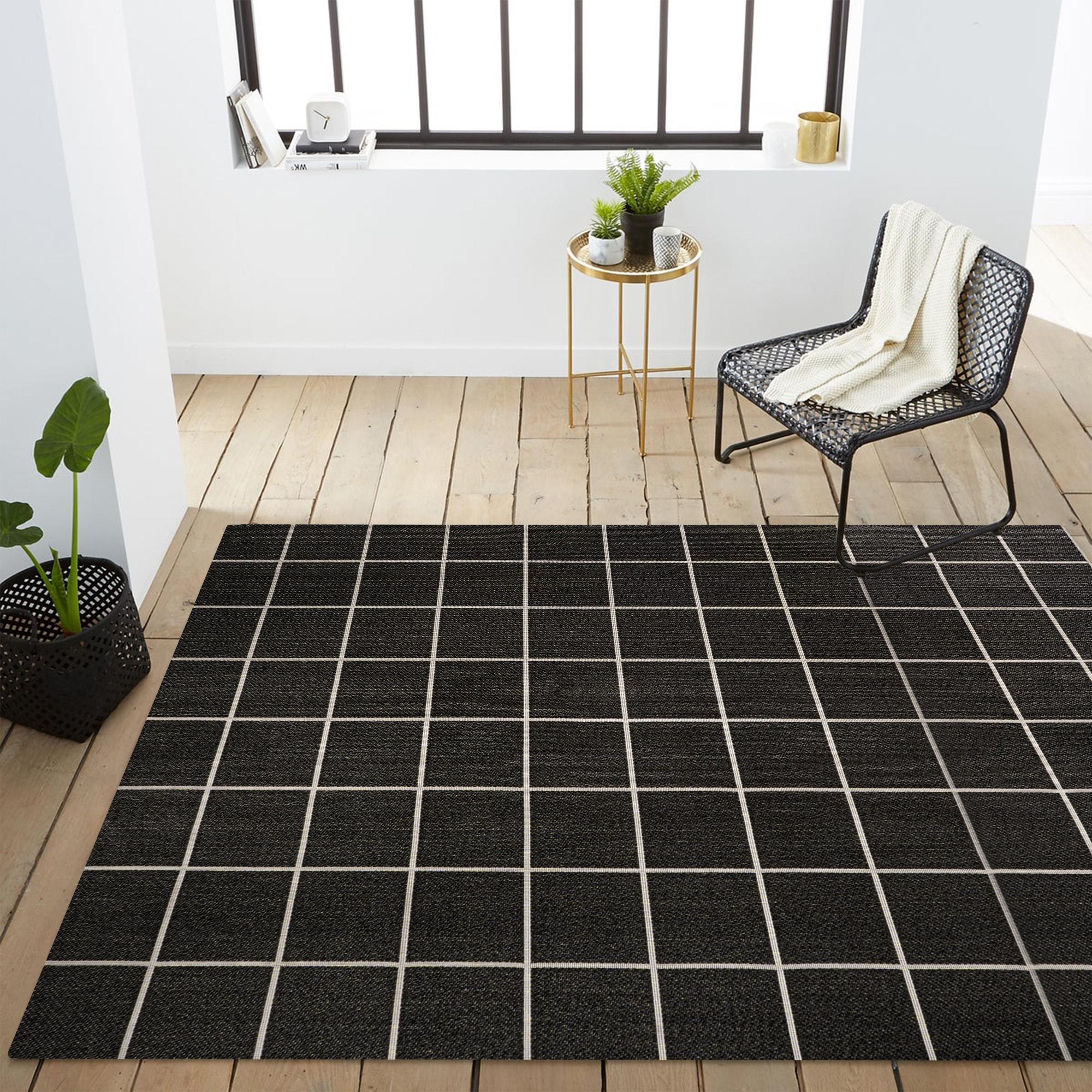 4' x 6' Grid Modern Squares Indoor/Outdoor Area Rug, Black/Cream - JONATHAN Y