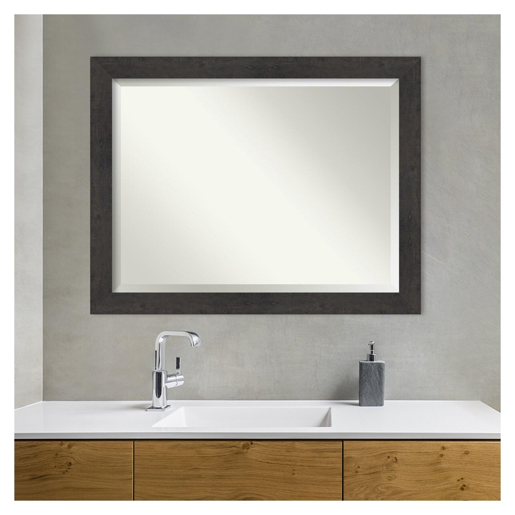 Amanti Art Beveled Bathroom Wall Mirror - Rustic Plank Espresso Frame Outer Size: 45 x 35 in