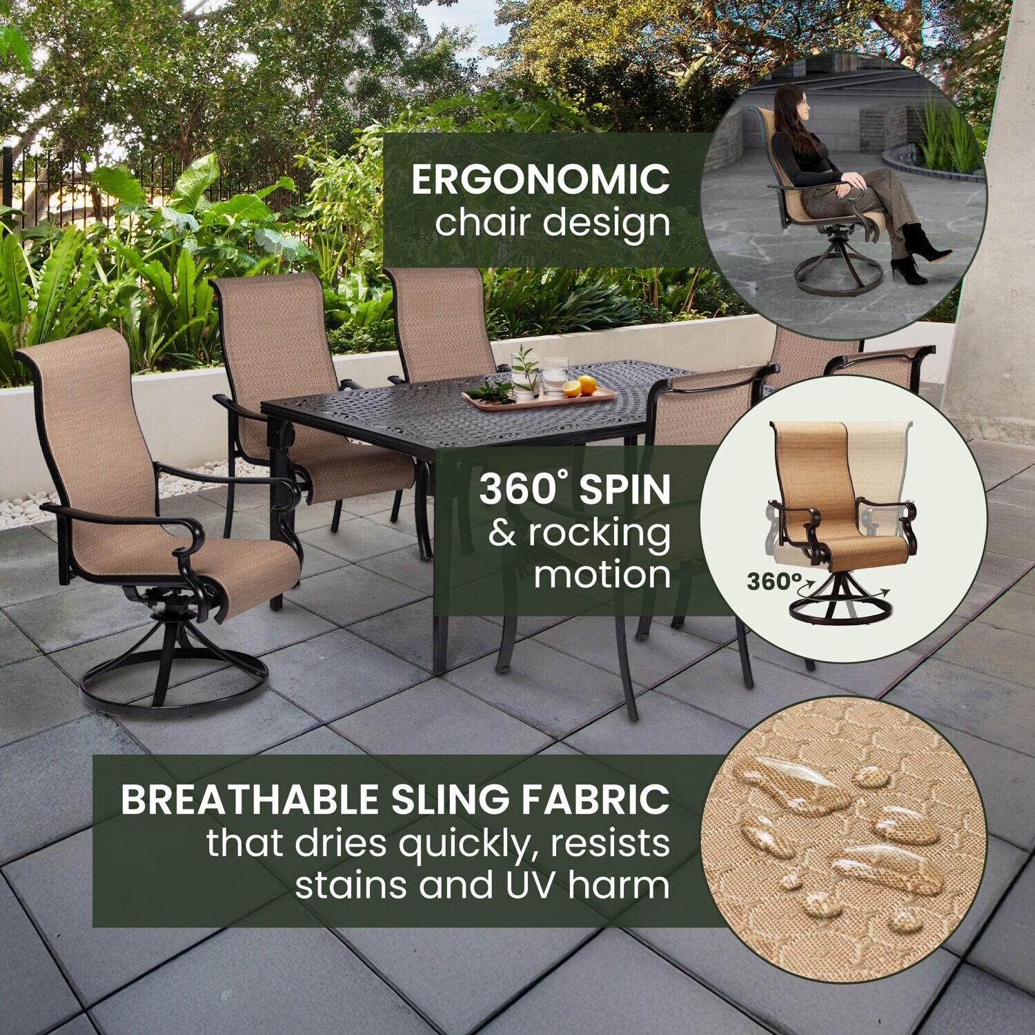 Hanover Brigantine Juego de Comedor Moderno para Exteriores de 7 Piezas / 4 Sillas con Cabestrillo, 2 Balancines Giratorios / Mesa con Tapa de 40'' x 70'' / Clima, Xido, Resistente a UV / Bronceado / BRIGDN7PCSW-2