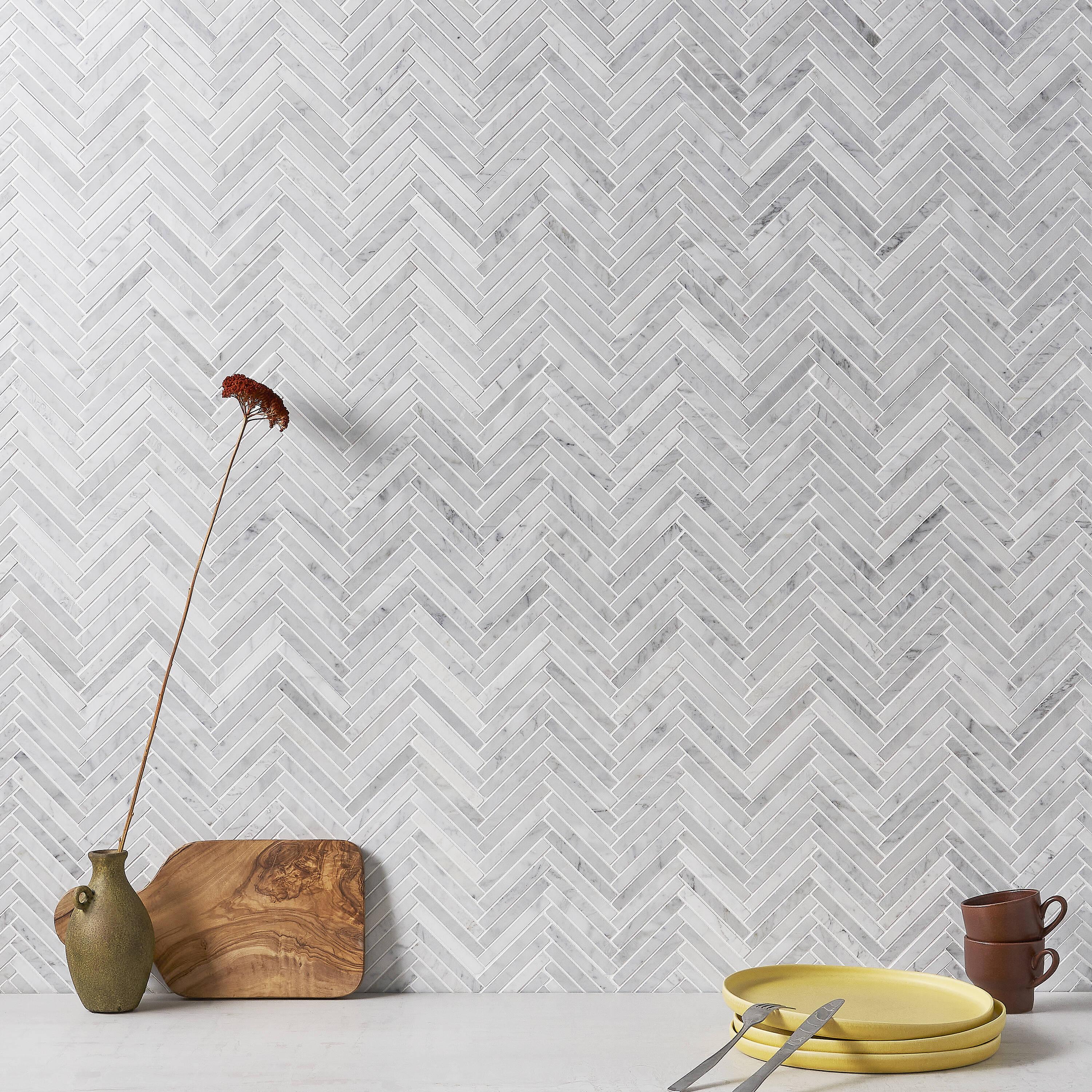 Marble Collection 0.5" X 4" Herringbone Natural Stone Mosaic Wall & Floor Tile