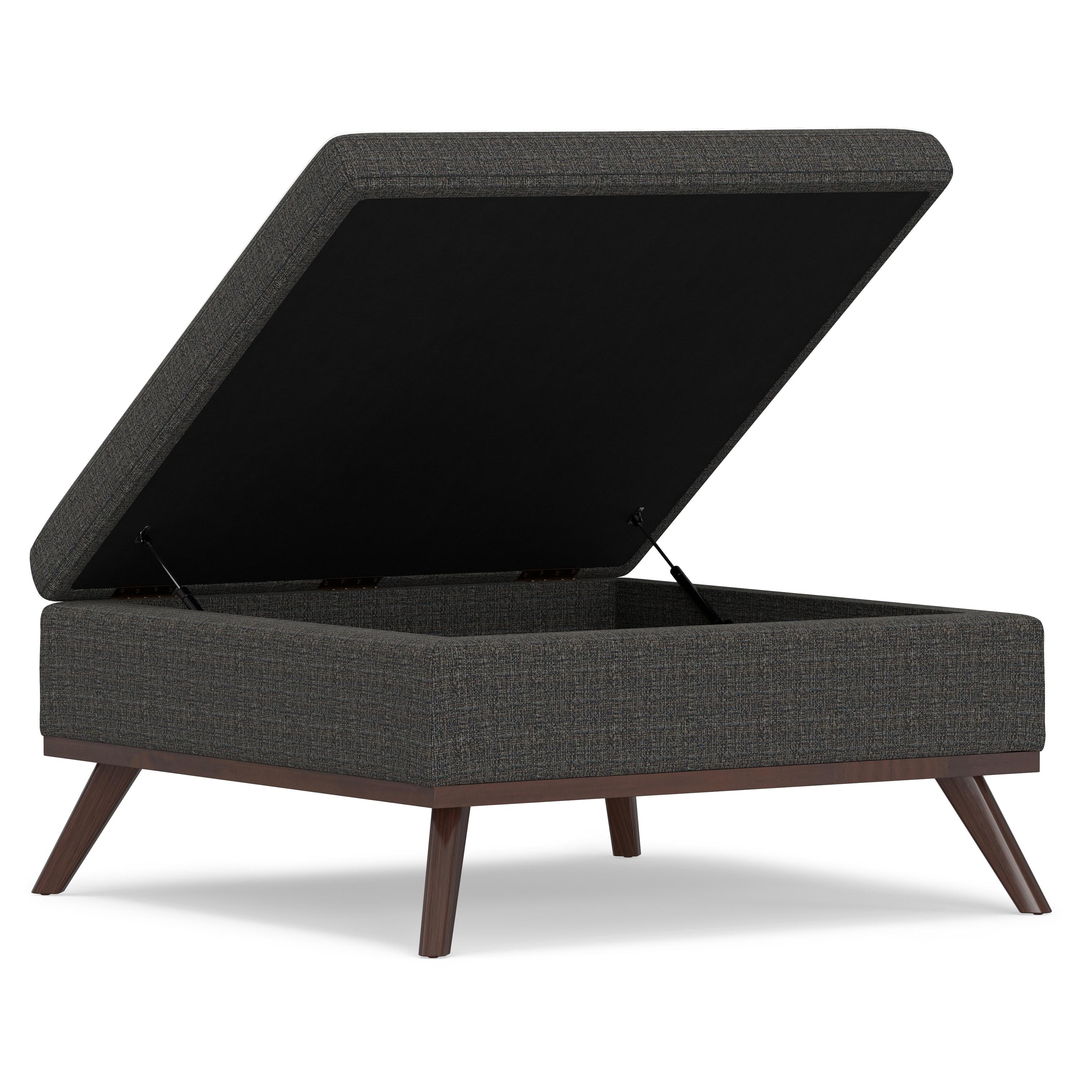 Simpli Home Owen 36"W Upholstered Square Coffee Table Storage Ottoman with Lift Top and Solid Wood Legs
