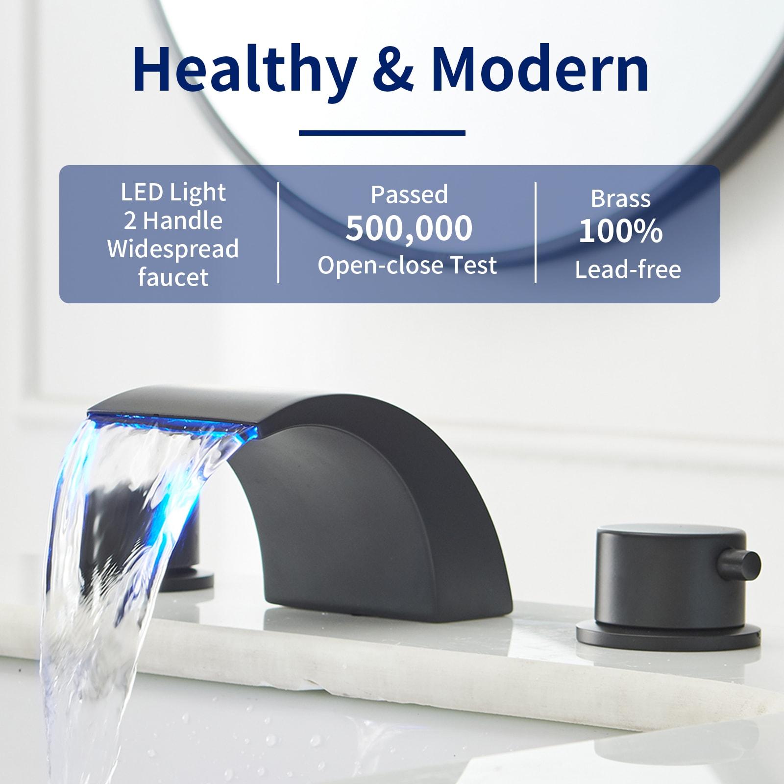 BWE 8 in. Widespread Waterfall Double Handle Three Holes Bathroom Faucet With Led Light in Black