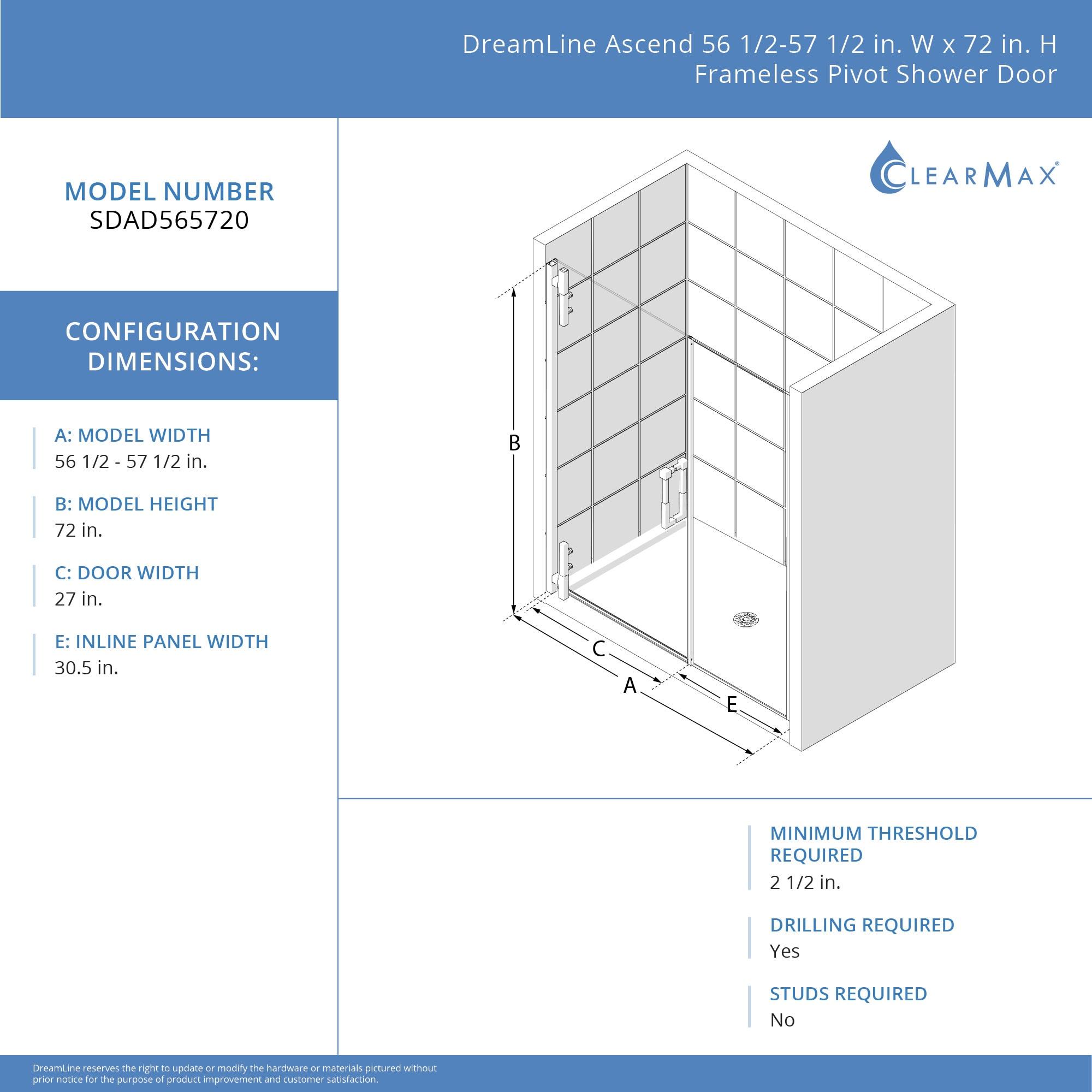 DreamLine Ascend 56-57 in. W x 72 in. H Frameless Pivot Shower Door