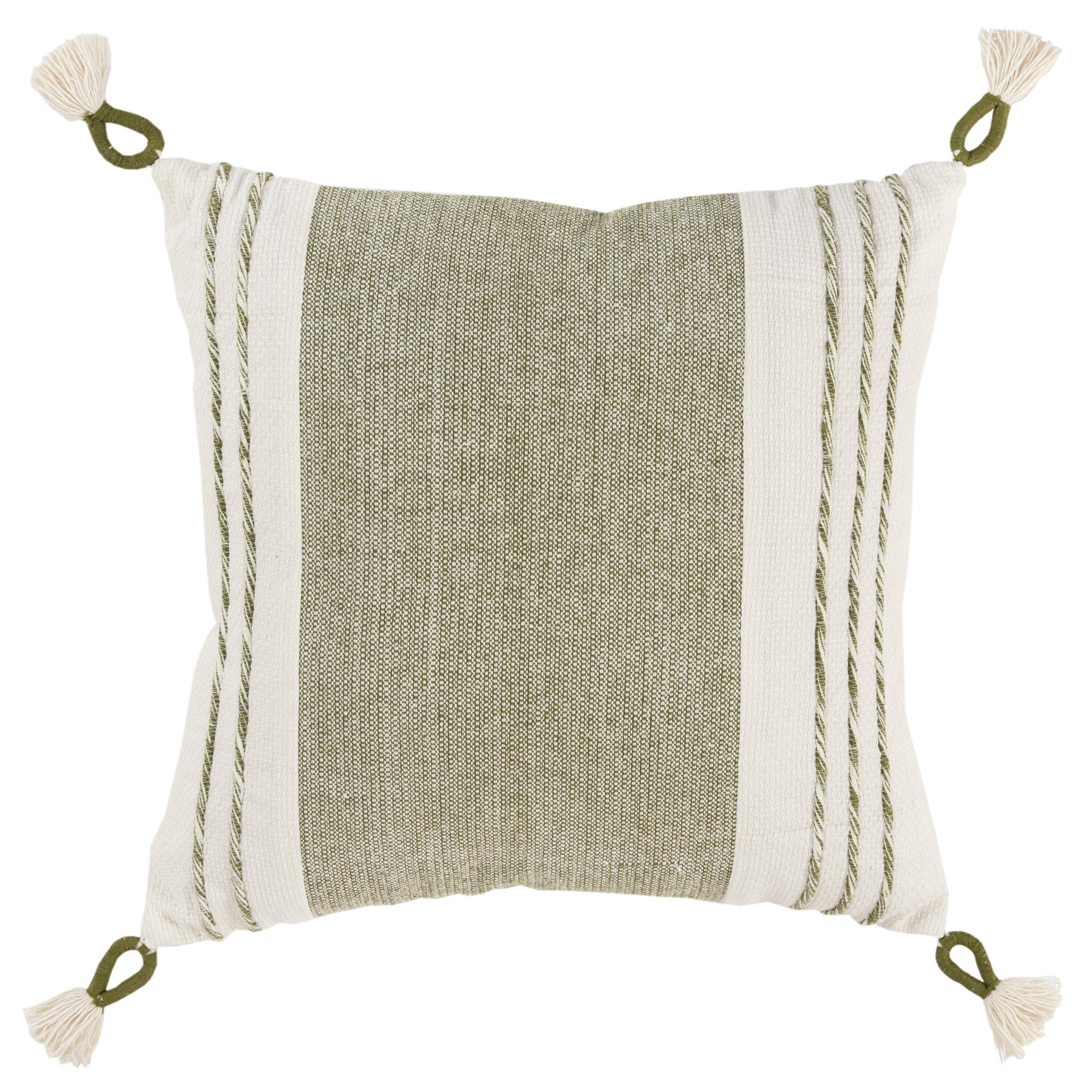 Moss Green and White Cotton Square Decorative Pillow with Tassels